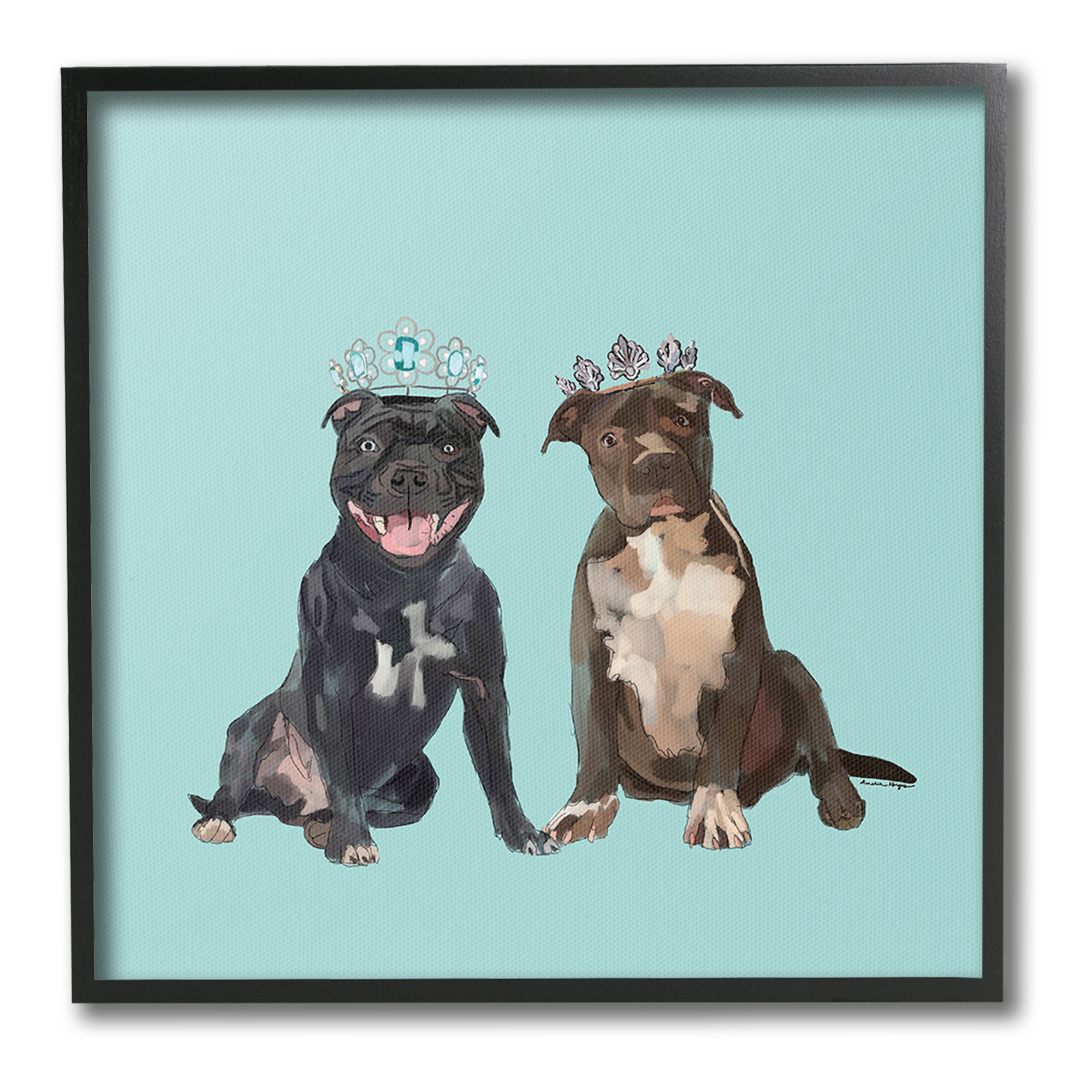 Stupell Industries Royal Pit Bulls with Crowns Animals & Insects Painting Black Framed Art Print Wall Art, 17 x 17