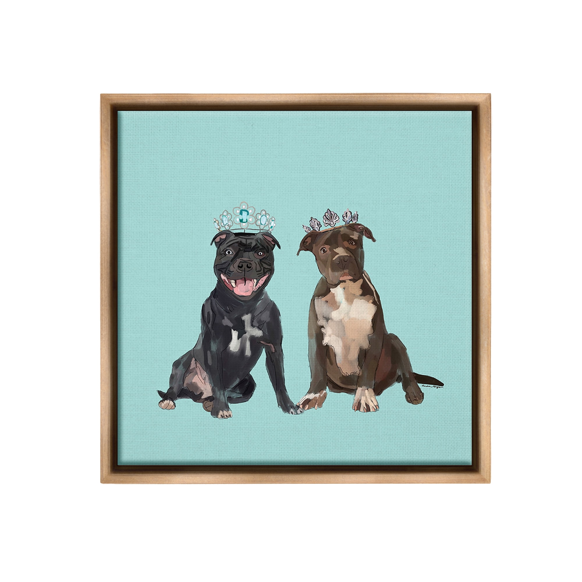 Stupell Industries Royal Pit Bulls with Crowns Animals & Insects Painting Brown Floater Framed Canvas Art Print Wall Art, 18 x 18