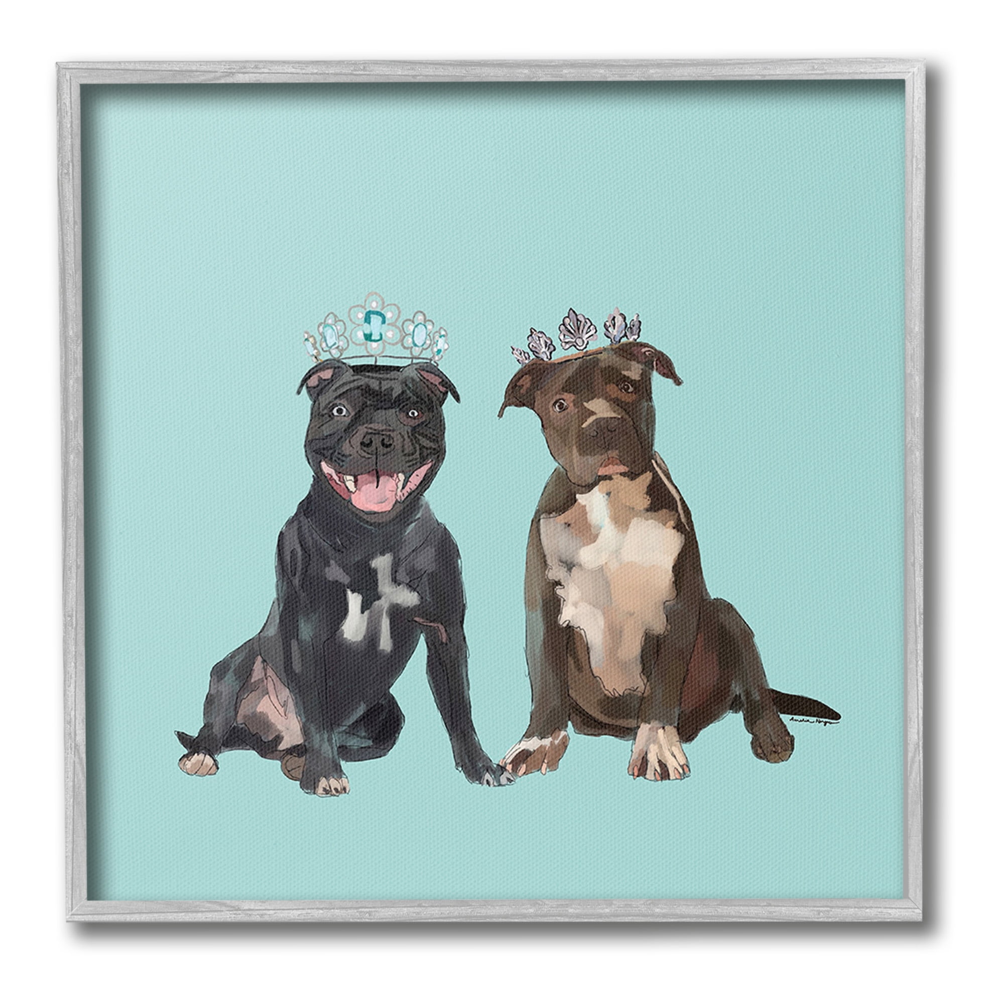 Stupell Industries Royal Pit Bulls with Crowns Animals & Insects Painting Gray Framed Art Print Wall Art, 12 x 12
