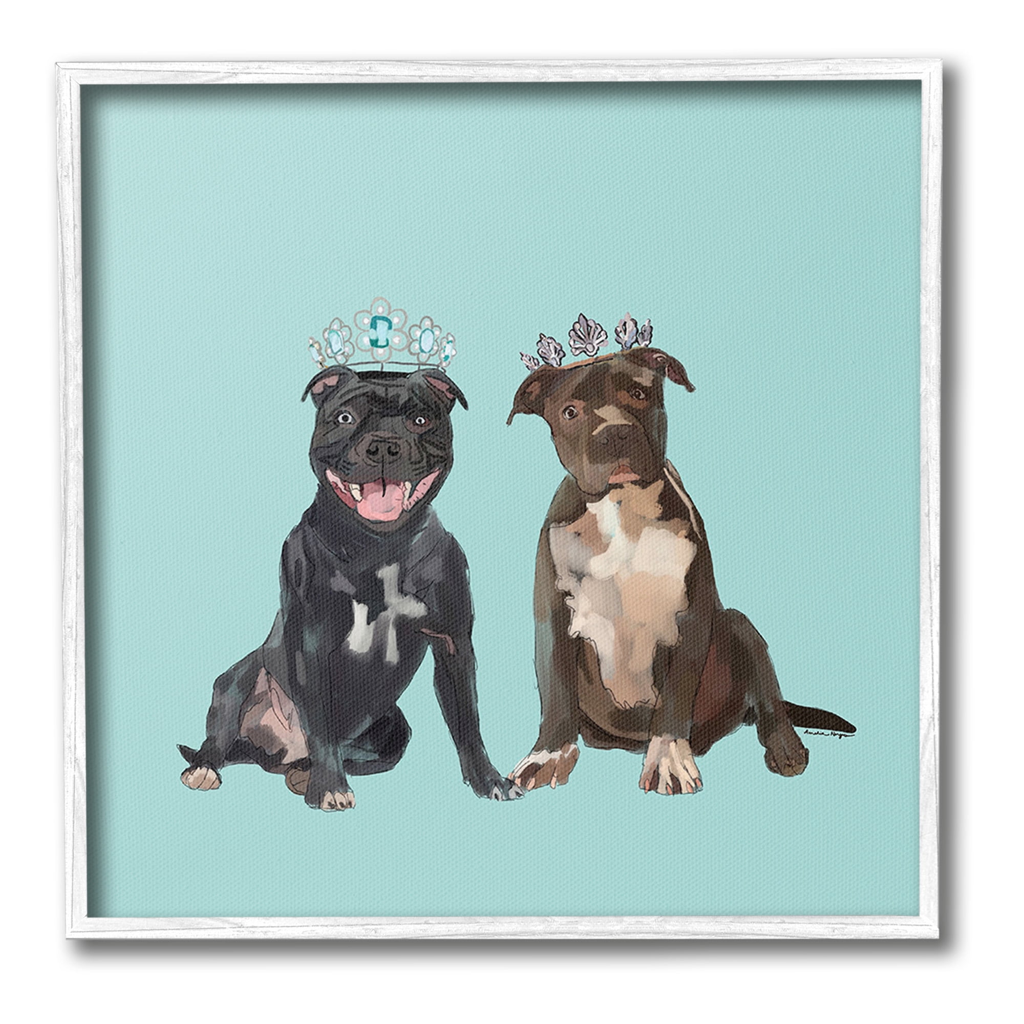 Stupell Industries Royal Pit Bulls with Crowns Animals & Insects Painting White Framed Art Print Wall Art, 12 x 12
