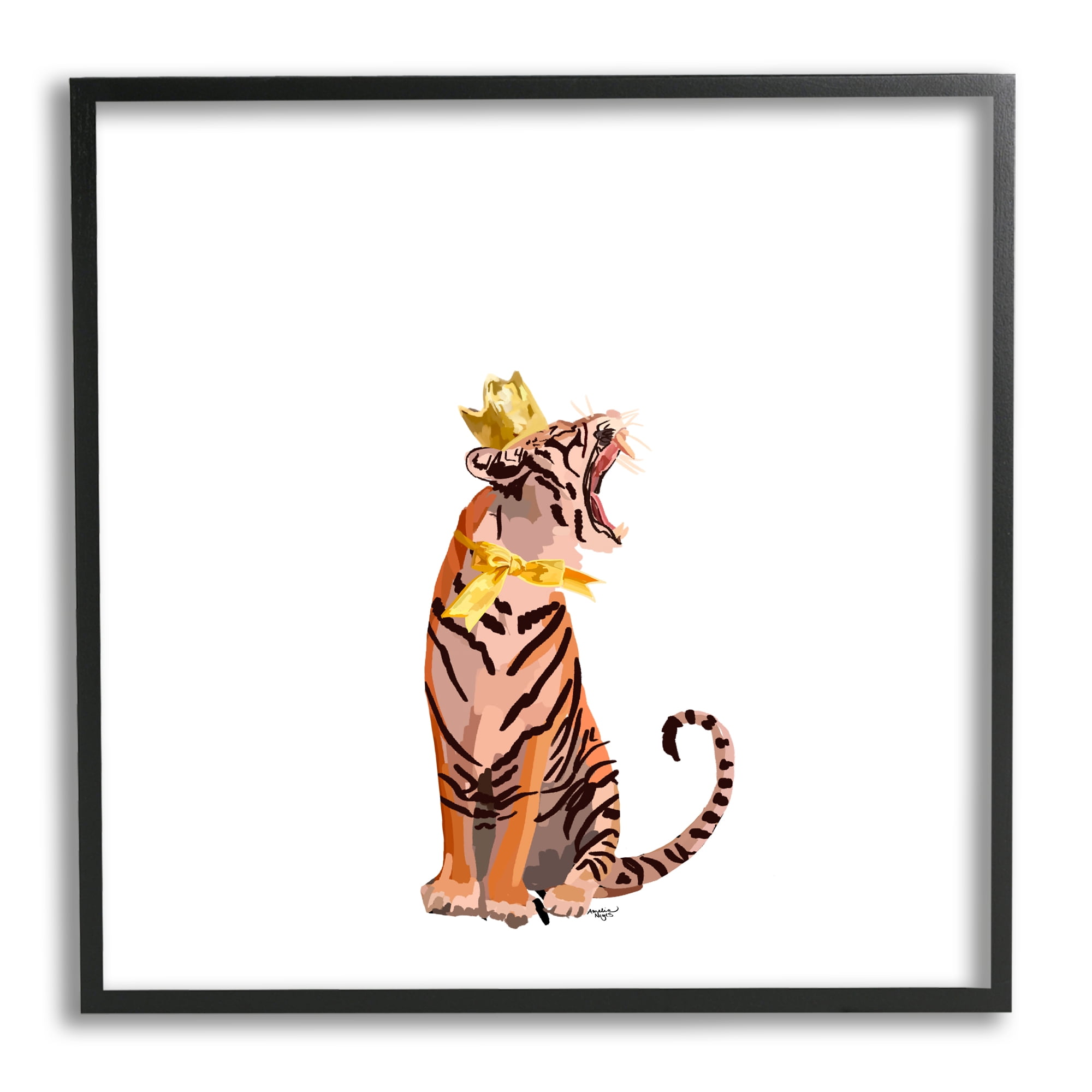 Stupell Industries Royal Tiger with Crown Animals & Insects Painting Black Framed Art Print Wall Art, 17 x 17