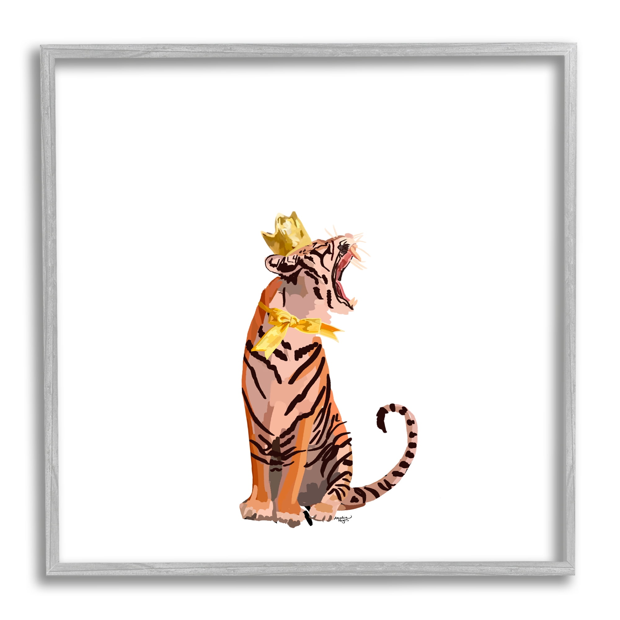 Stupell Industries Royal Tiger with Crown Animals & Insects Painting Gray Framed Art Print Wall Art, 17 x 17