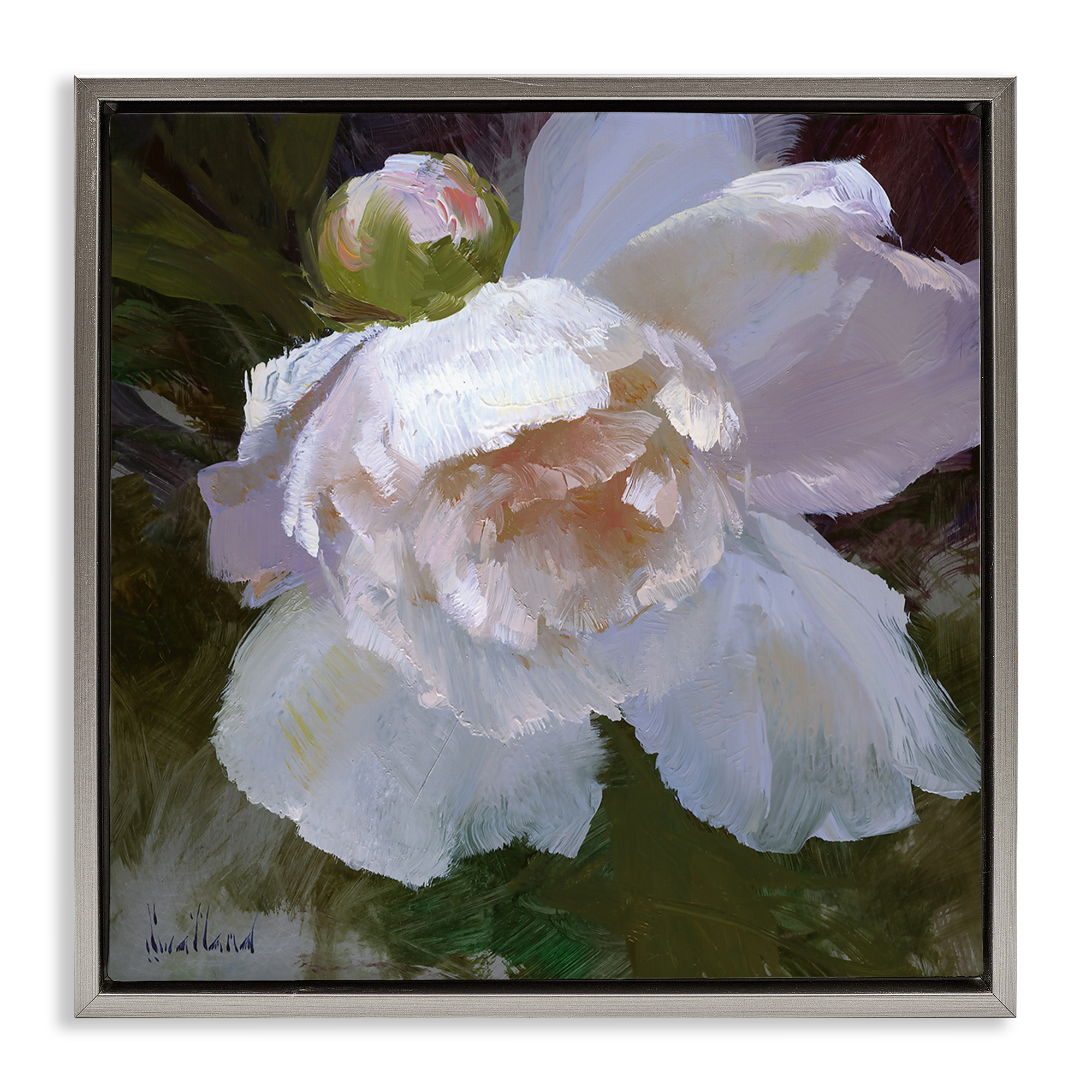 Stupell Industries Ruffled Petals White Flower Plants & Flowers Painting Gray Floater Framed Canvas Art Print Wall Art, 18 x 18