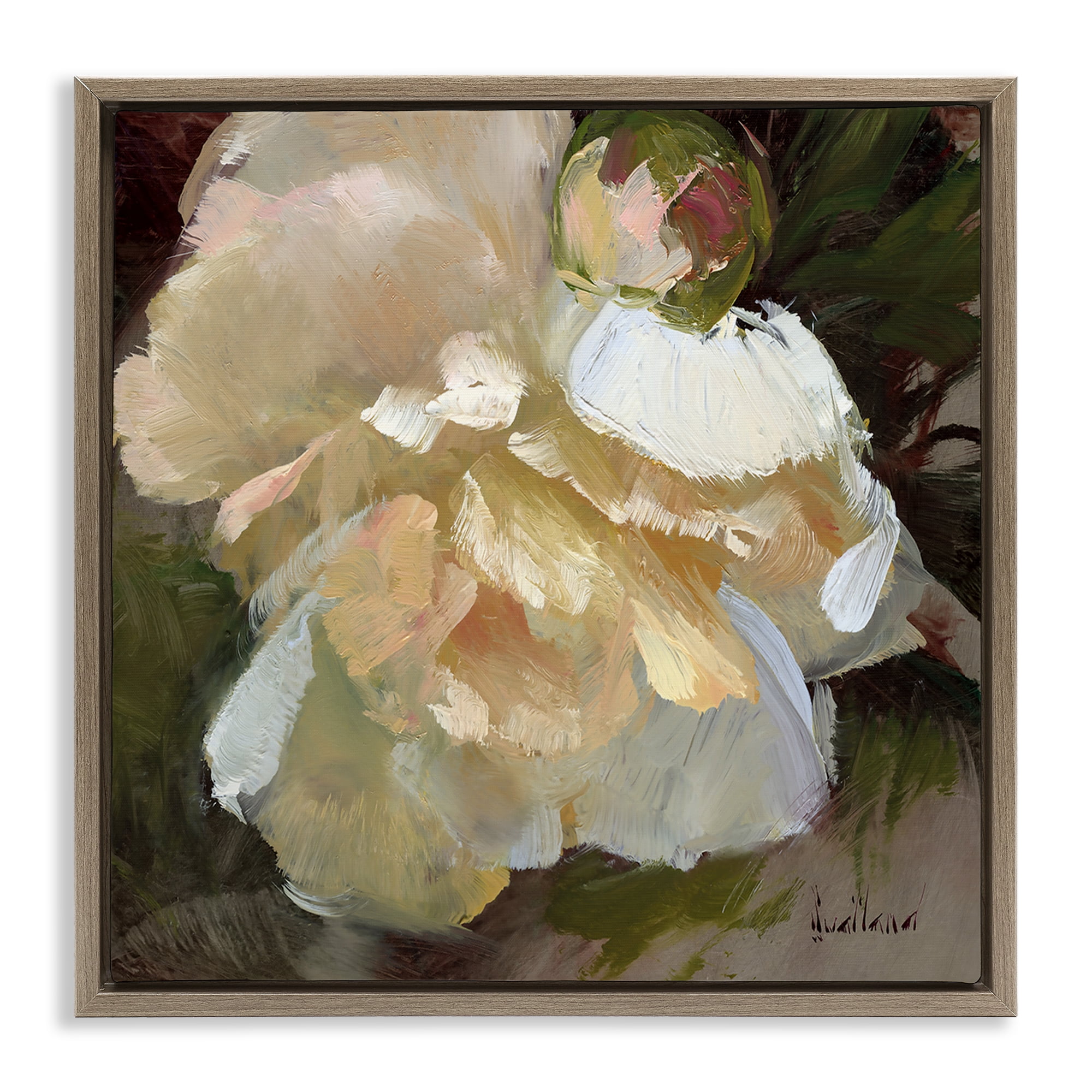 Stupell Industries Ruffled White Flower Plants & Flowers Painting Brown Floater Framed Canvas Art Print Wall Art, 18 x 18