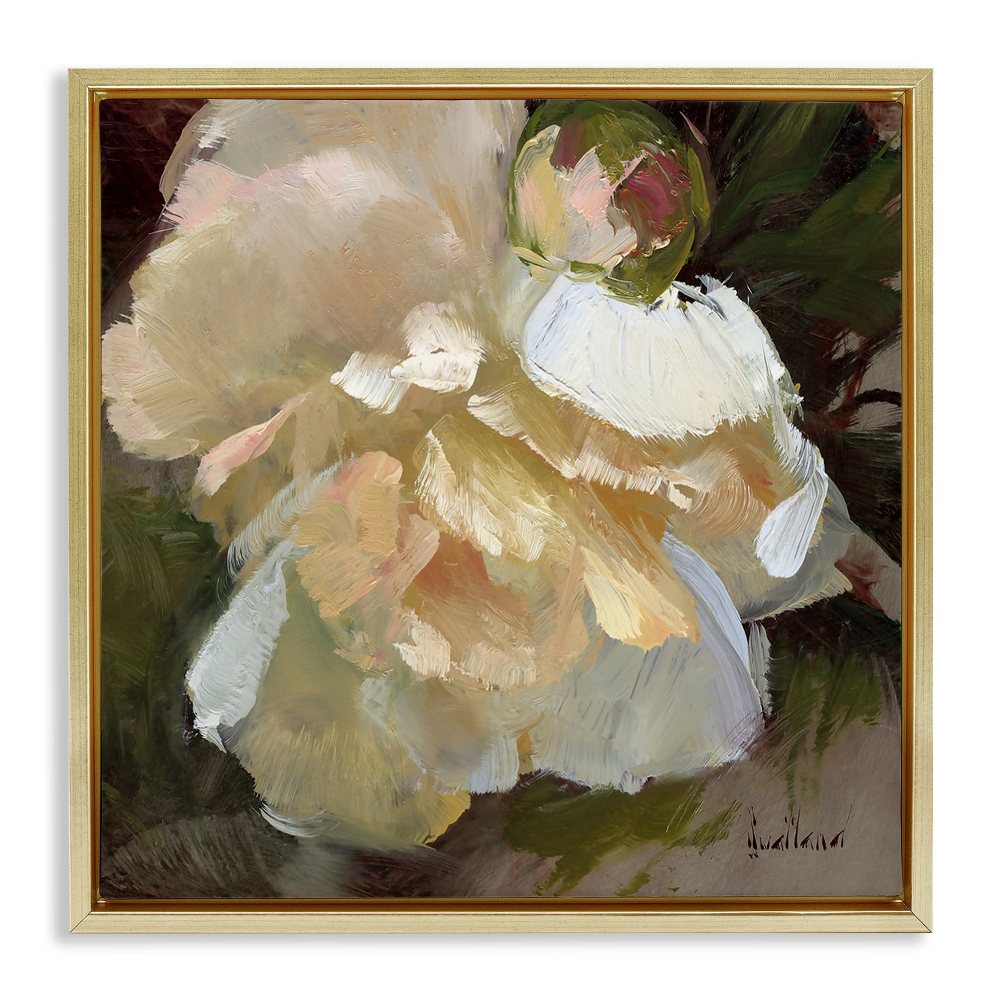 Stupell Industries Ruffled White Flower Plants & Flowers Painting Gold Floater Framed Canvas Art Print Wall Art, 25 x 25