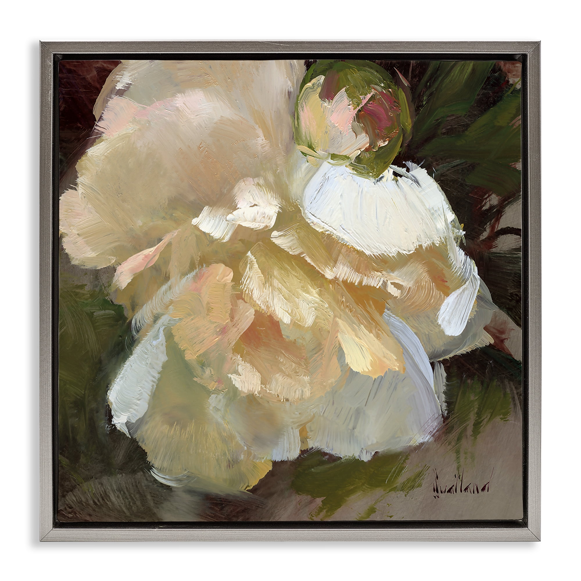Stupell Industries Ruffled White Flower Plants & Flowers Painting Gray Floater Framed Canvas Art Print Wall Art, 18 x 18