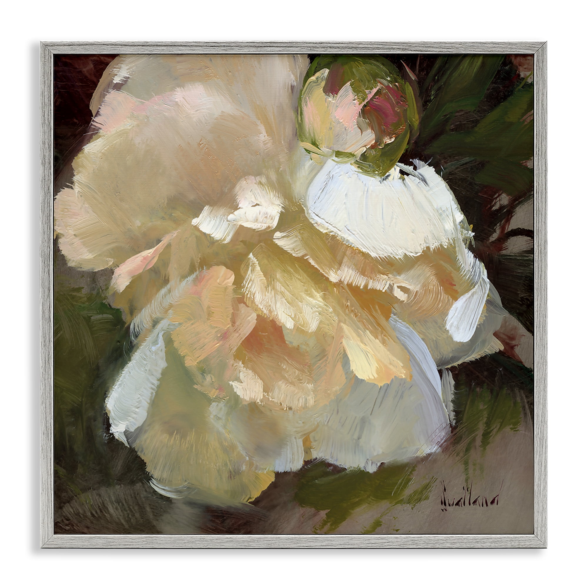 Stupell Industries Ruffled White Flower Plants & Flowers Painting Gray Framed Art Print Wall Art, 17 x 17