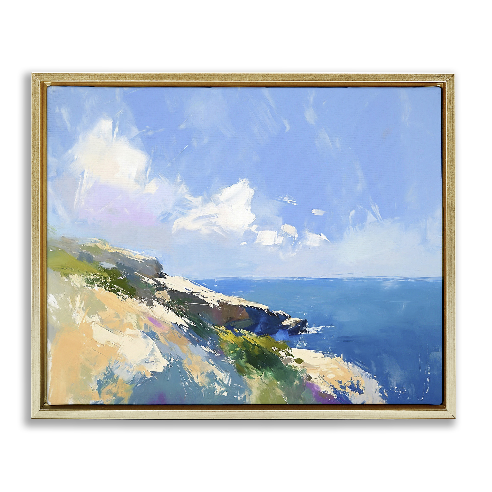 Stupell Industries Rugged Coastline Landscape Coastal Painting Gold Floater Framed Canvas Art Print Wall Art, 21 x 17
