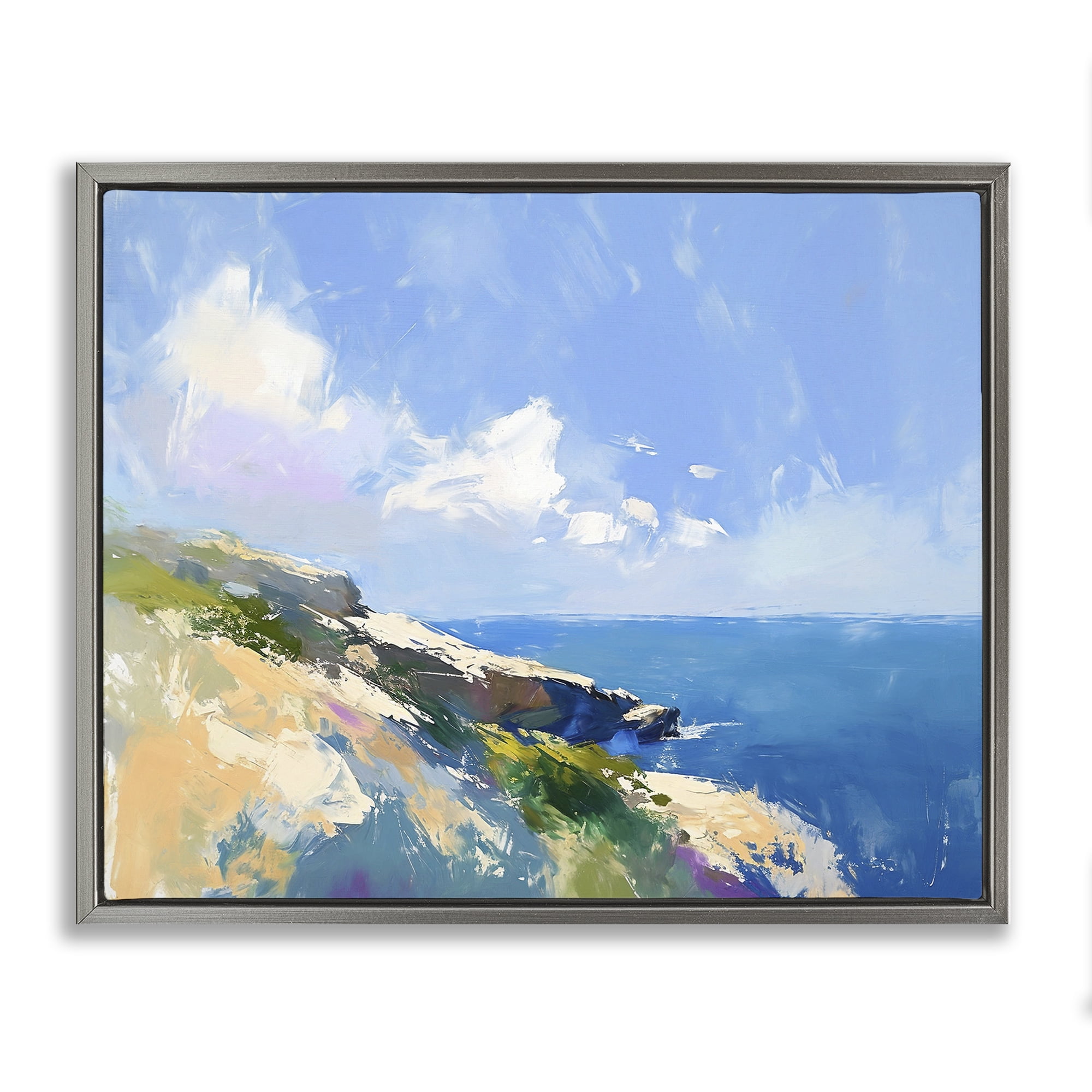 Stupell Industries Rugged Coastline Landscape Coastal Painting Gray Floater Framed Canvas Art Print Wall Art, 21 x 17