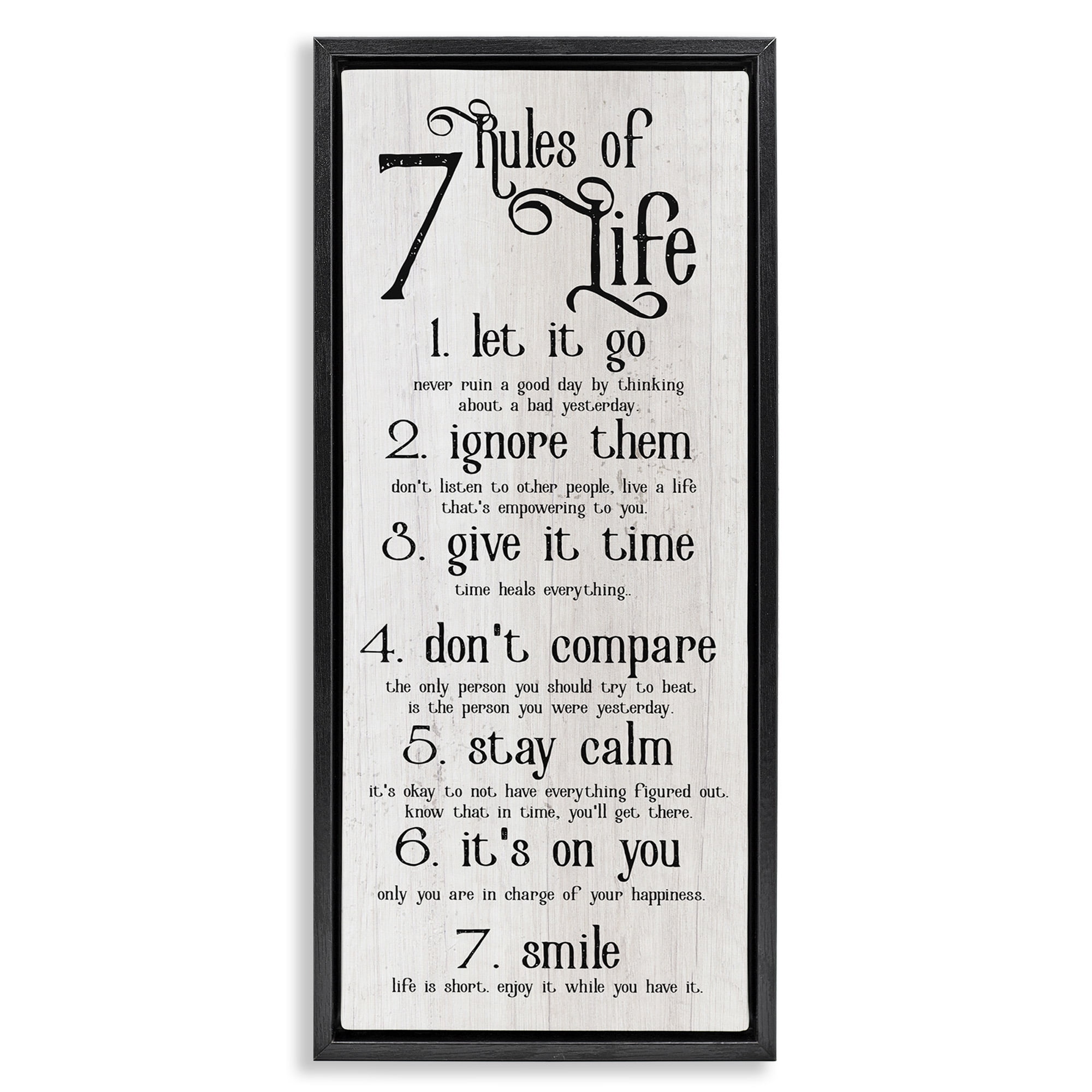 Stupell Industries Rules Of Life Motivating List Inspirational Painting Black Floater Framed Canvas Art Print Wall Art, 11 x 25