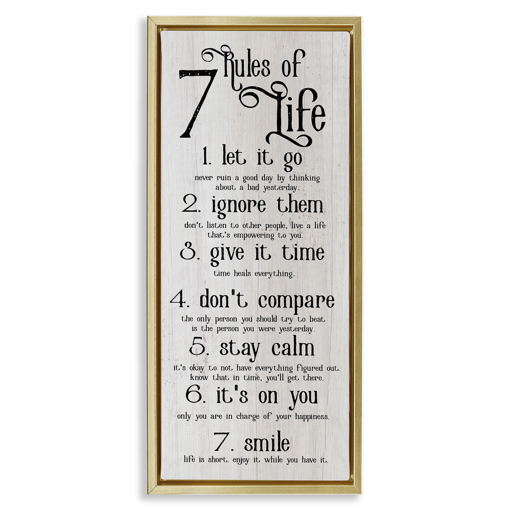 Stupell Industries Rules Of Life Motivating List Inspirational Painting Gold Floater Framed Canvas Art Print Wall Art, 11 x 25