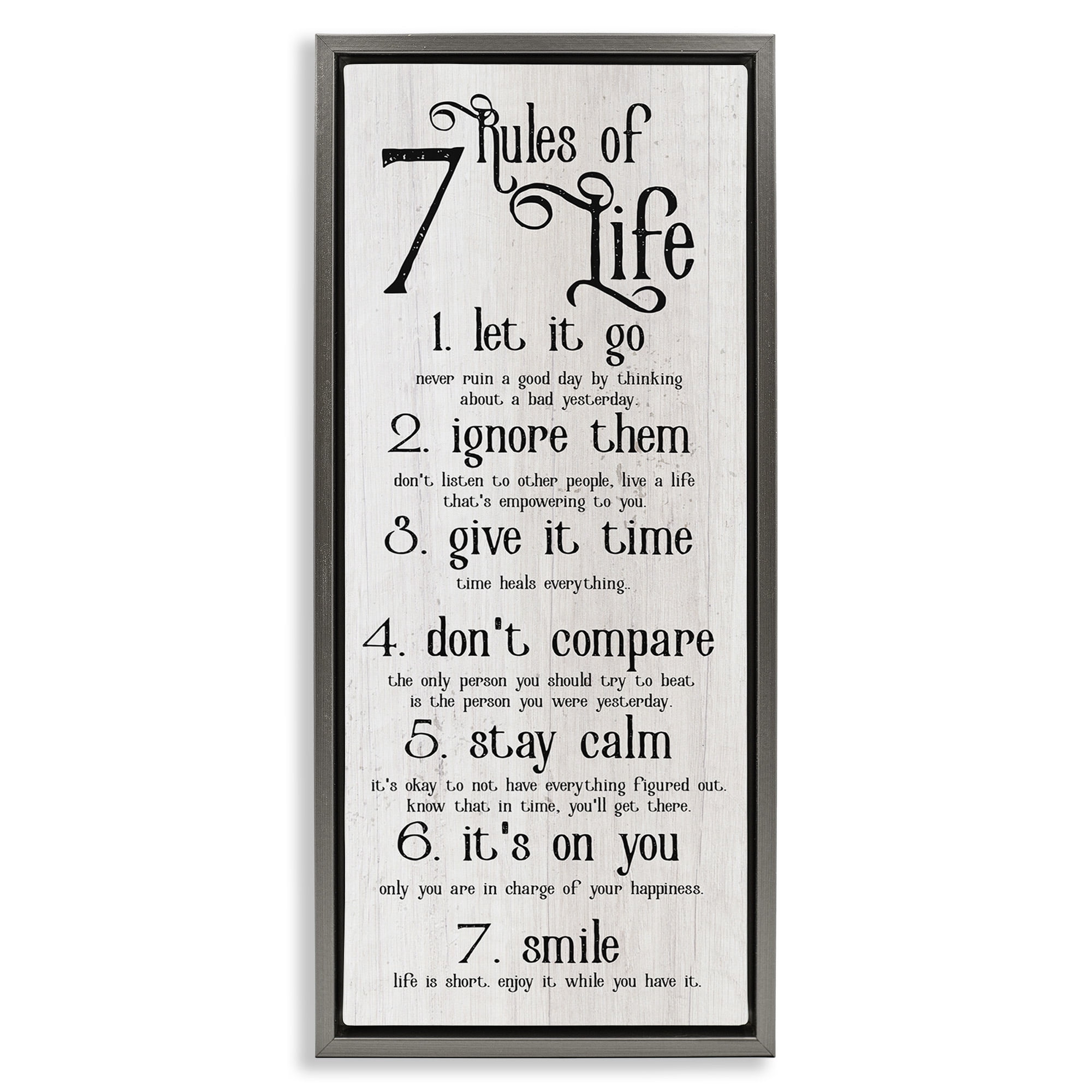 Stupell Industries Rules Of Life Motivating List Inspirational Painting Gray Floater Framed Canvas Art Print Wall Art, 11 x 25