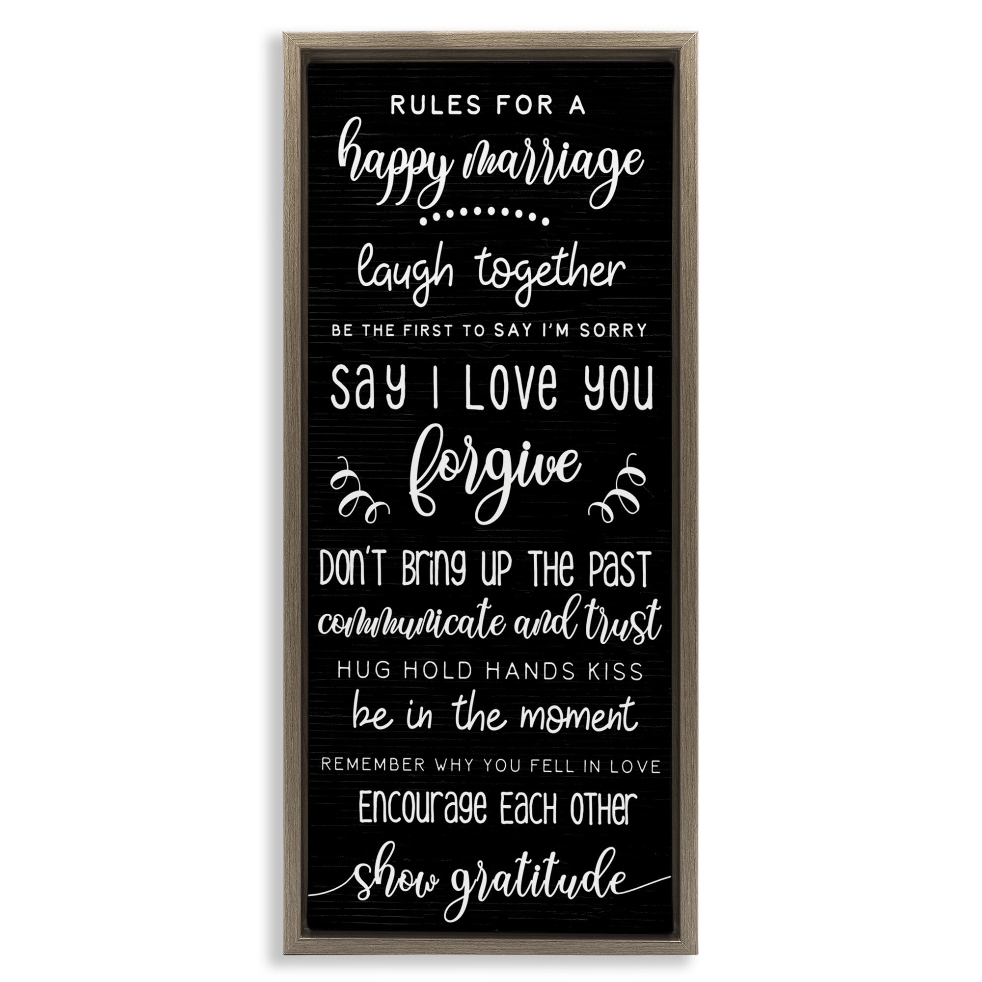 Stupell Industries Rules for Happy Marriage Typography Painting Brown Floater Framed Canvas Art Print Wall Art, 15 x 31