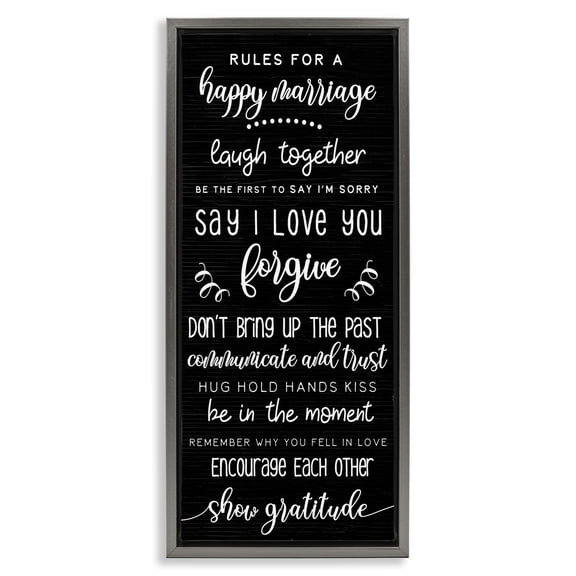 Stupell Industries Rules for Happy Marriage Typography Painting Gray Floater Framed Canvas Art Print Wall Art, 11 x 25