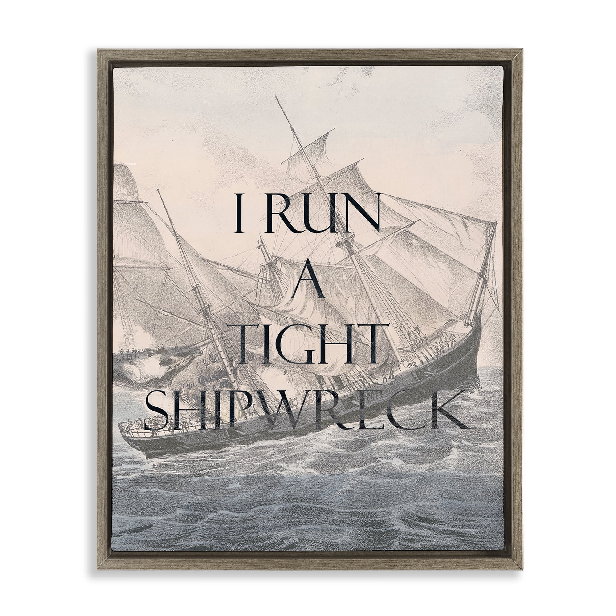 Stupell Industries Run A Tight Shipwreck Nautical & Beach Painting Brown Floater Framed Canvas Art Print Wall Art, 17 x 21