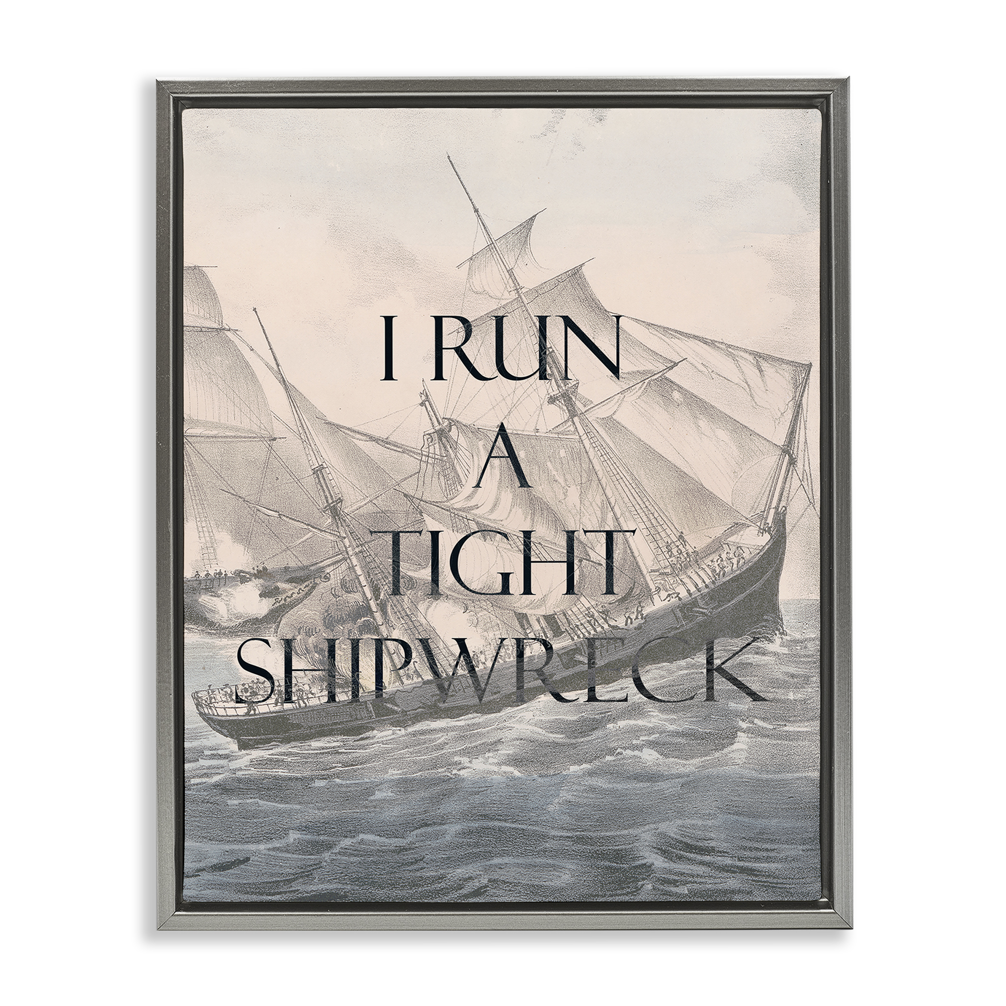 Stupell Industries Run A Tight Shipwreck Nautical & Beach Painting Gray Floater Framed Canvas Art Print Wall Art, 25 x 31