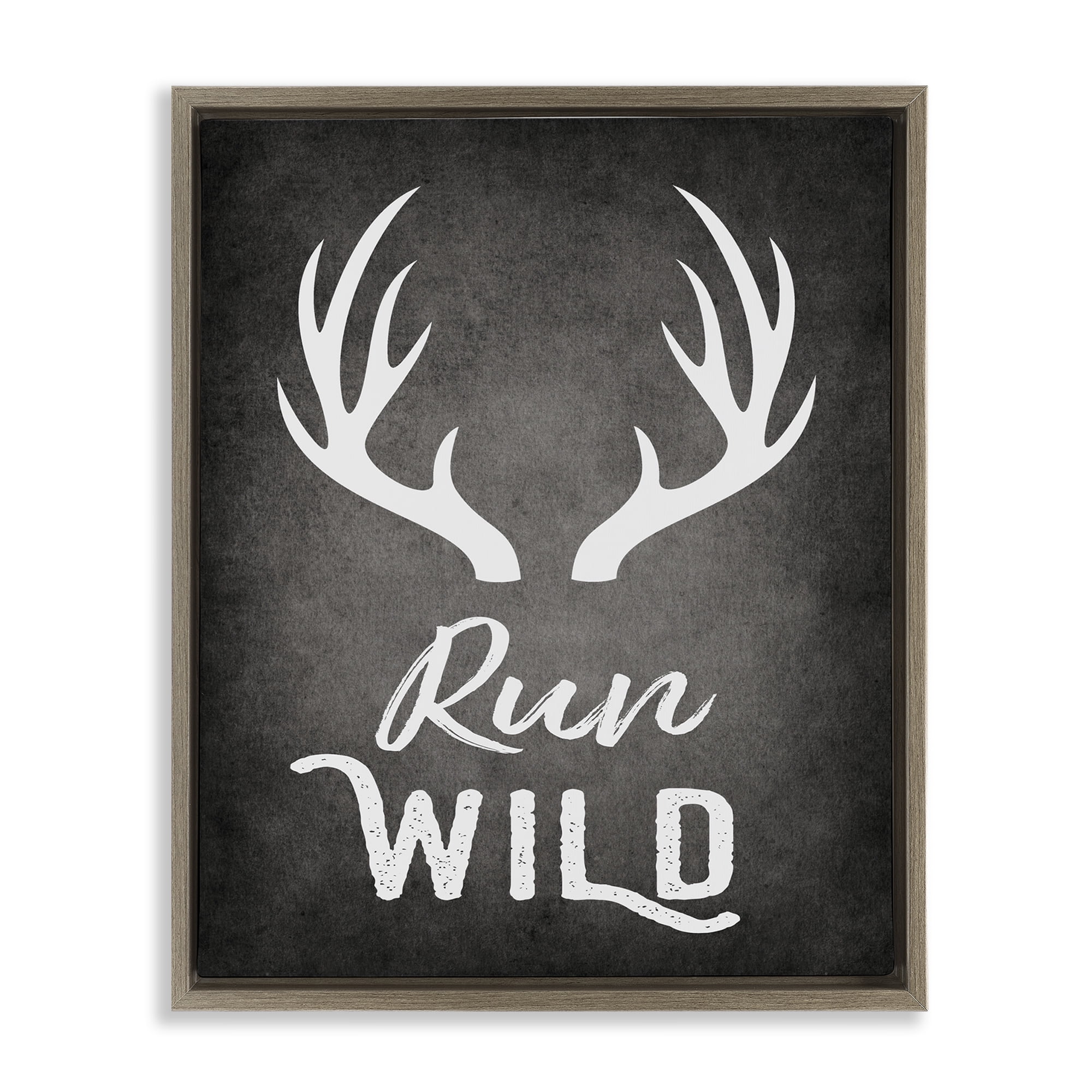 Stupell Industries Run Wild Antlers Typography Painting Brown Floater Framed Canvas Art Print Wall Art, 17 x 21