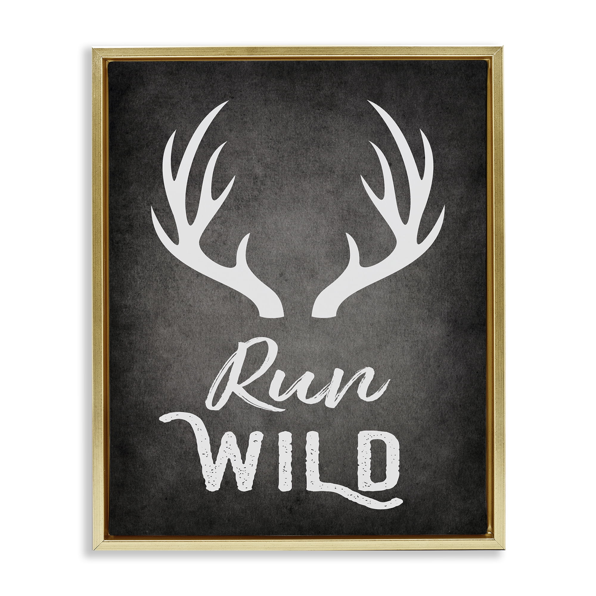 Stupell Industries Run Wild Antlers Typography Painting Gold Floater Framed Canvas Art Print Wall Art, 17 x 21