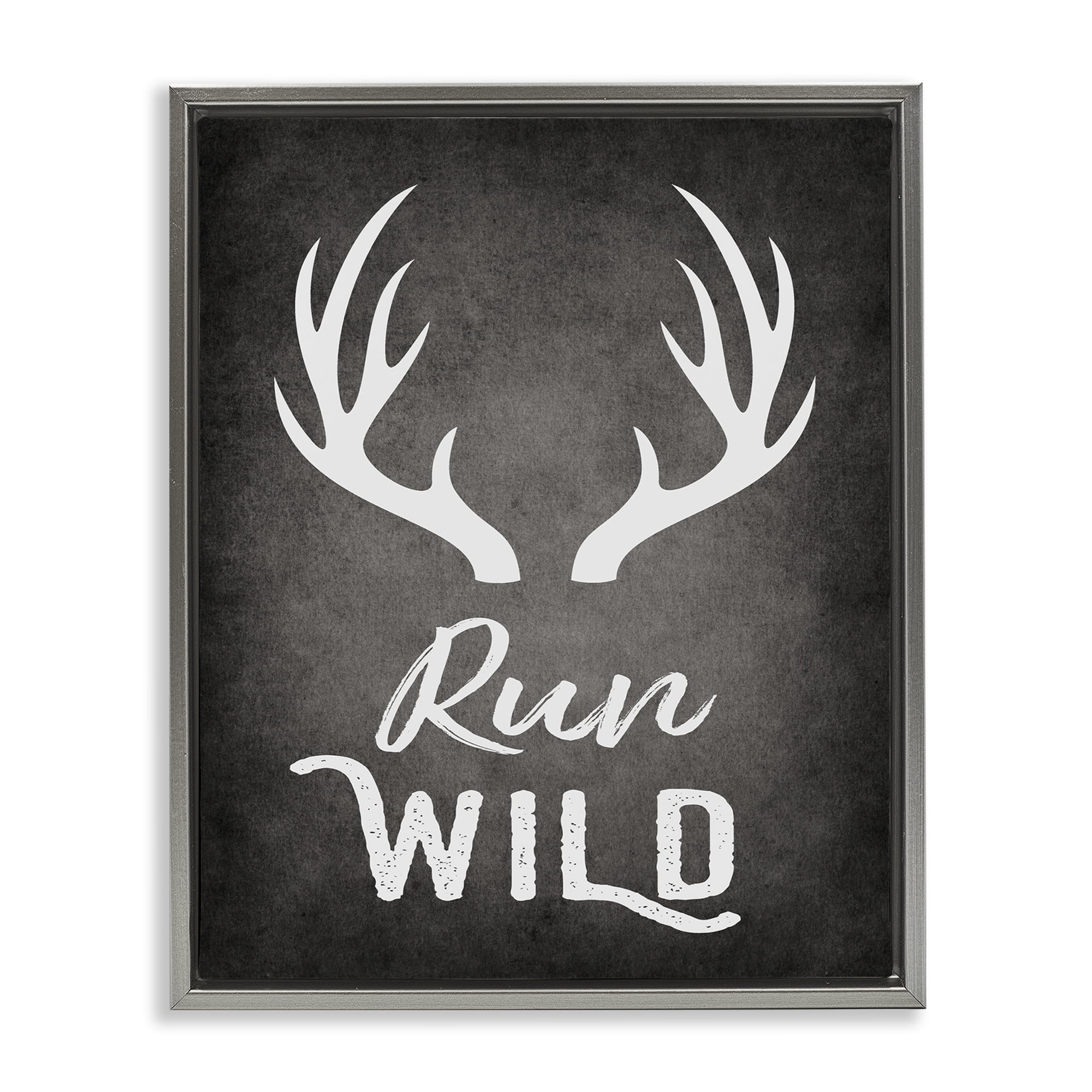 Stupell Industries Run Wild Antlers Typography Painting Gray Floater Framed Canvas Art Print Wall Art, 25 x 31