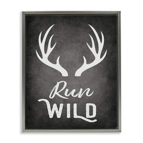 Stupell Industries Run Wild Antlers Typography Painting Gray Floater Framed Canvas Art Print Wall Art, 25 x 31