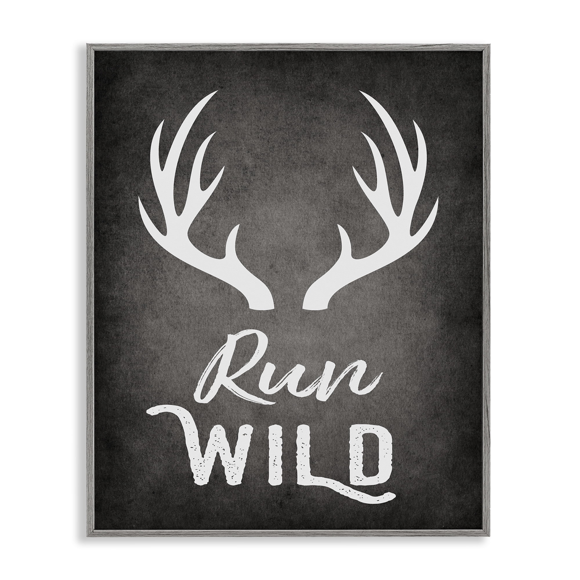 Stupell Industries Run Wild Antlers Typography Painting Gray Framed Art Print Wall Art, 11 x 14