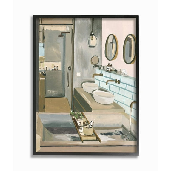 Stupell Industries Running Bath Beige Abstract Bathroom Acrylic Painting Framed Wall Art Design by Melissa Wang, 11" x 14", Black Framed