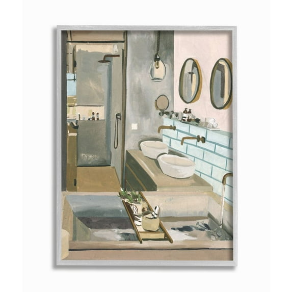 Stupell Industries Running Bath Beige Abstract Bathroom Acrylic Painting Framed Wall Art Design by Melissa Wang, 16" x 20", Gray Framed