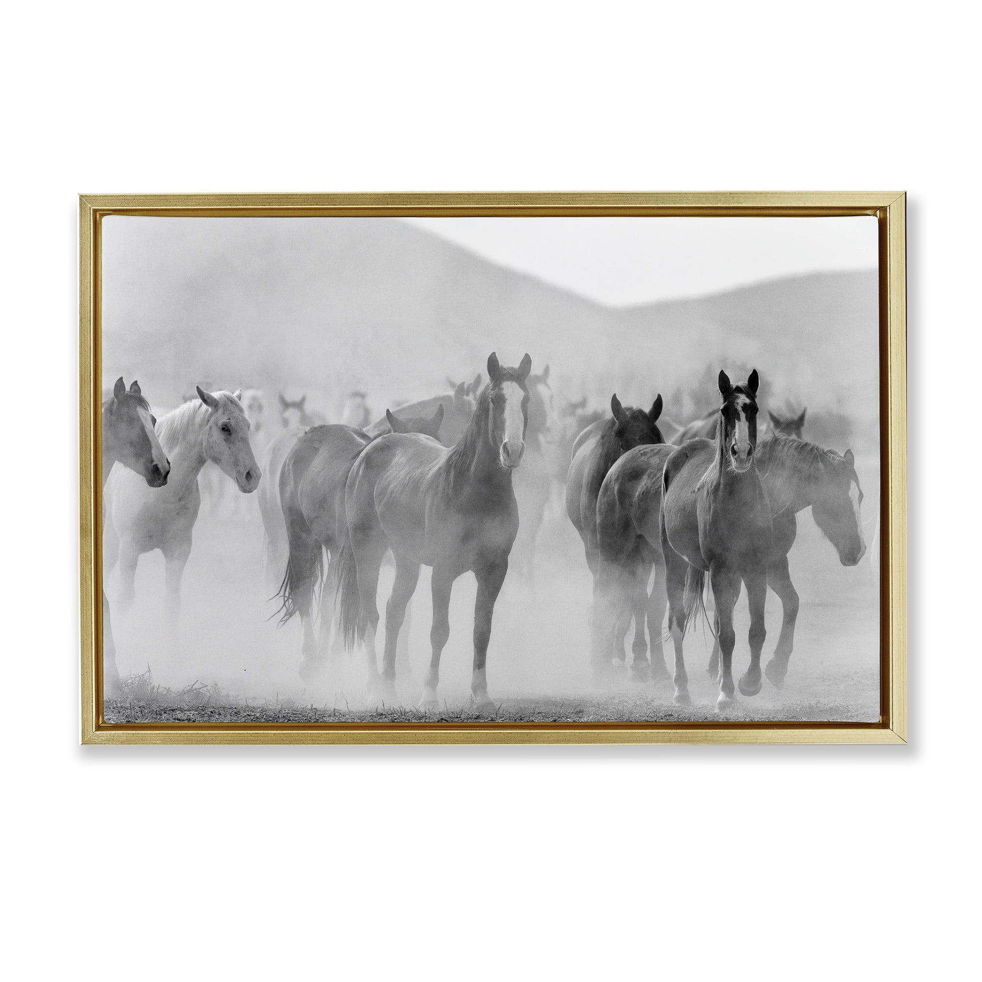 Stupell Industries Running Horse Herd Animals Painting Gold Floater Framed Canvas Art Print Wall Art, 25 x 17