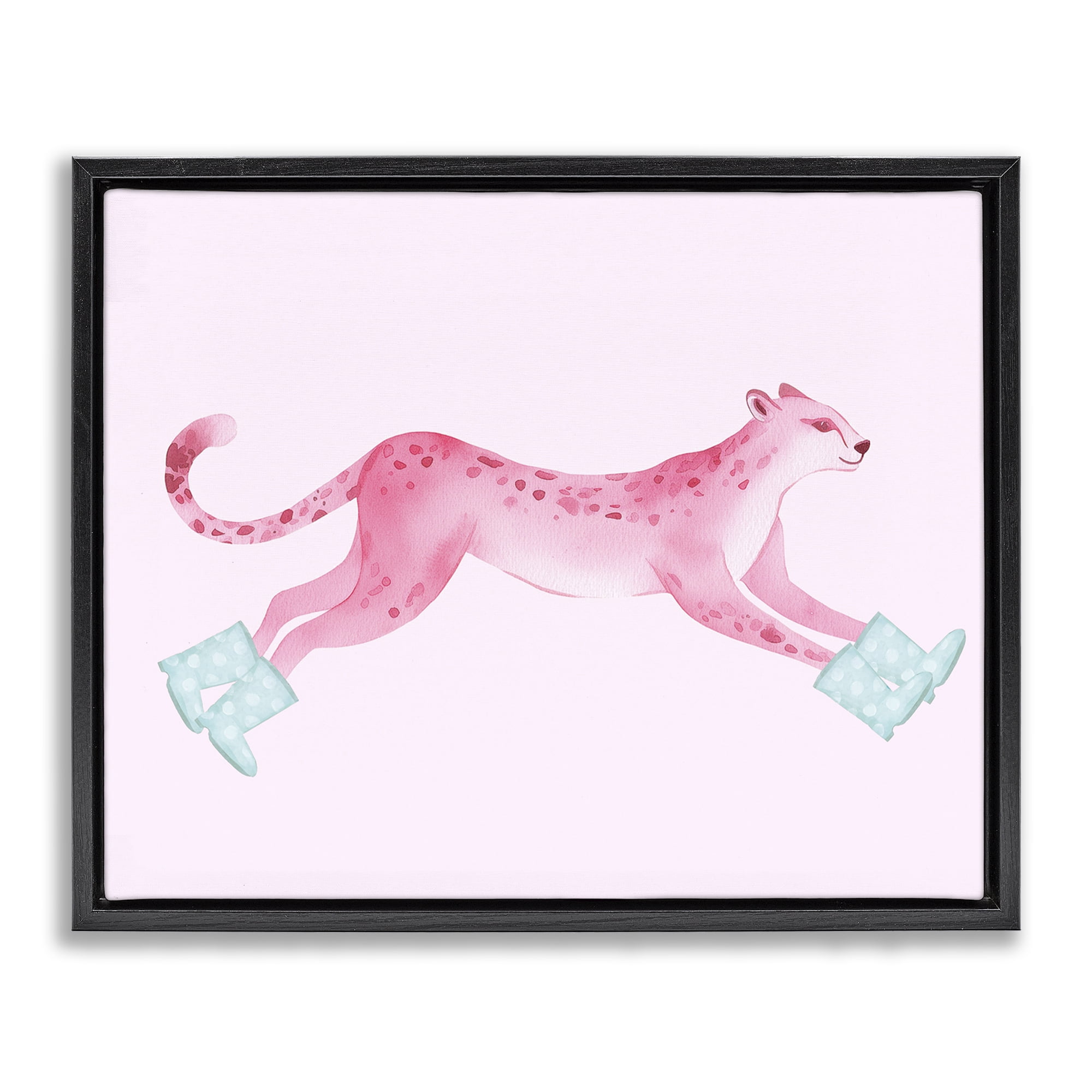 Stupell Industries Running Leopard in Boots Animals Painting Black Floater Framed Canvas Art Print Wall Art, 31 x 25