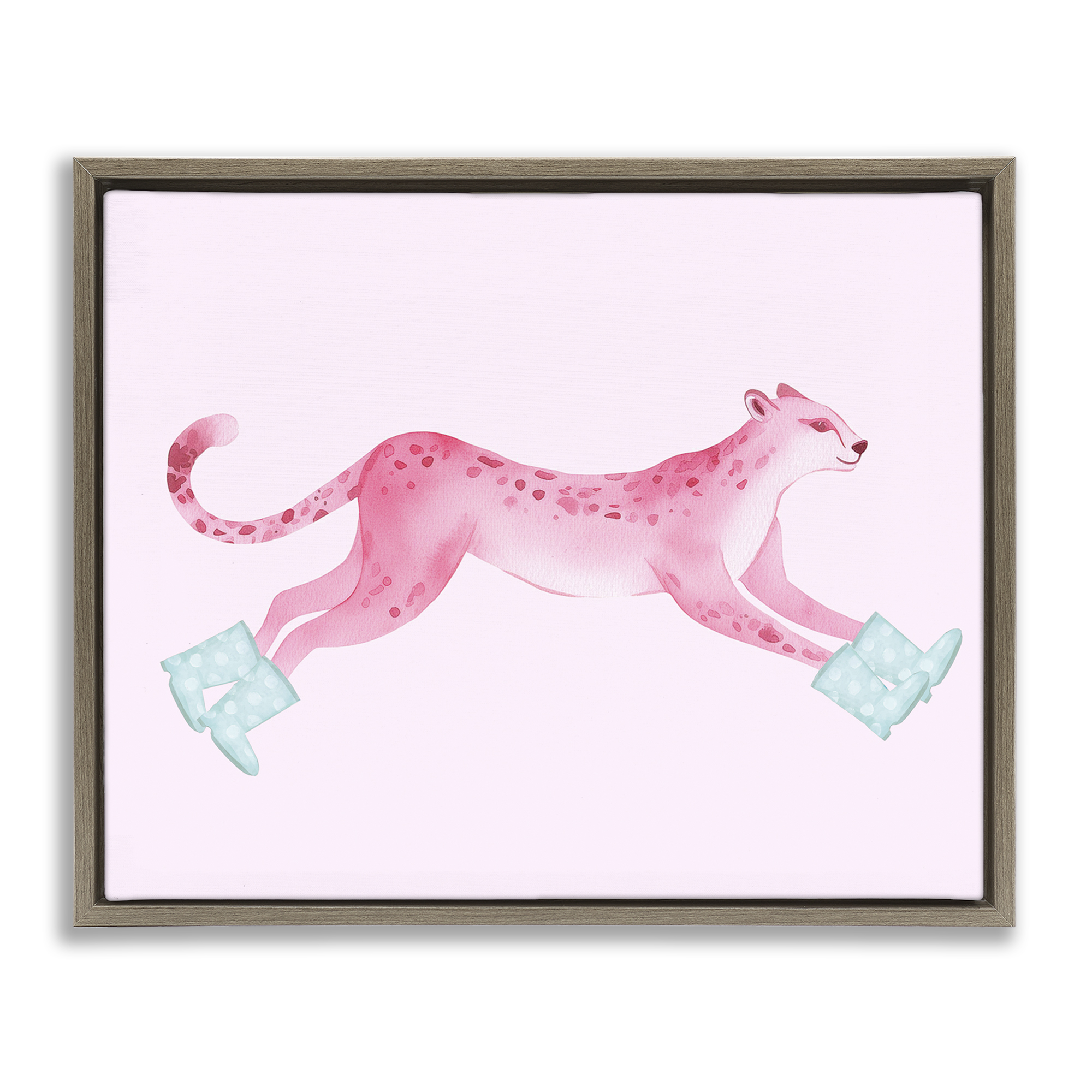Stupell Industries Running Leopard in Boots Animals Painting Brown Floater Framed Canvas Art Print Wall Art, 31 x 25