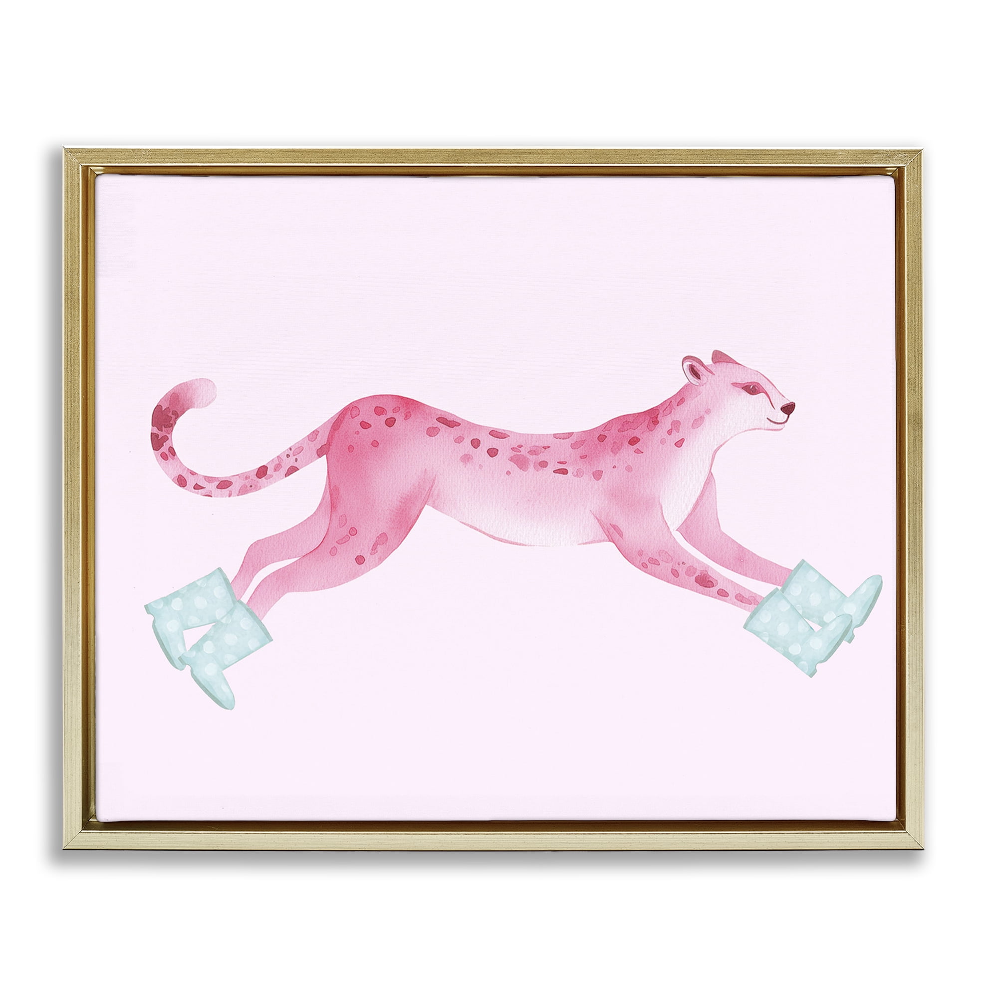 Stupell Industries Running Leopard in Boots Animals Painting Gold Floater Framed Canvas Art Print Wall Art, 31 x 25