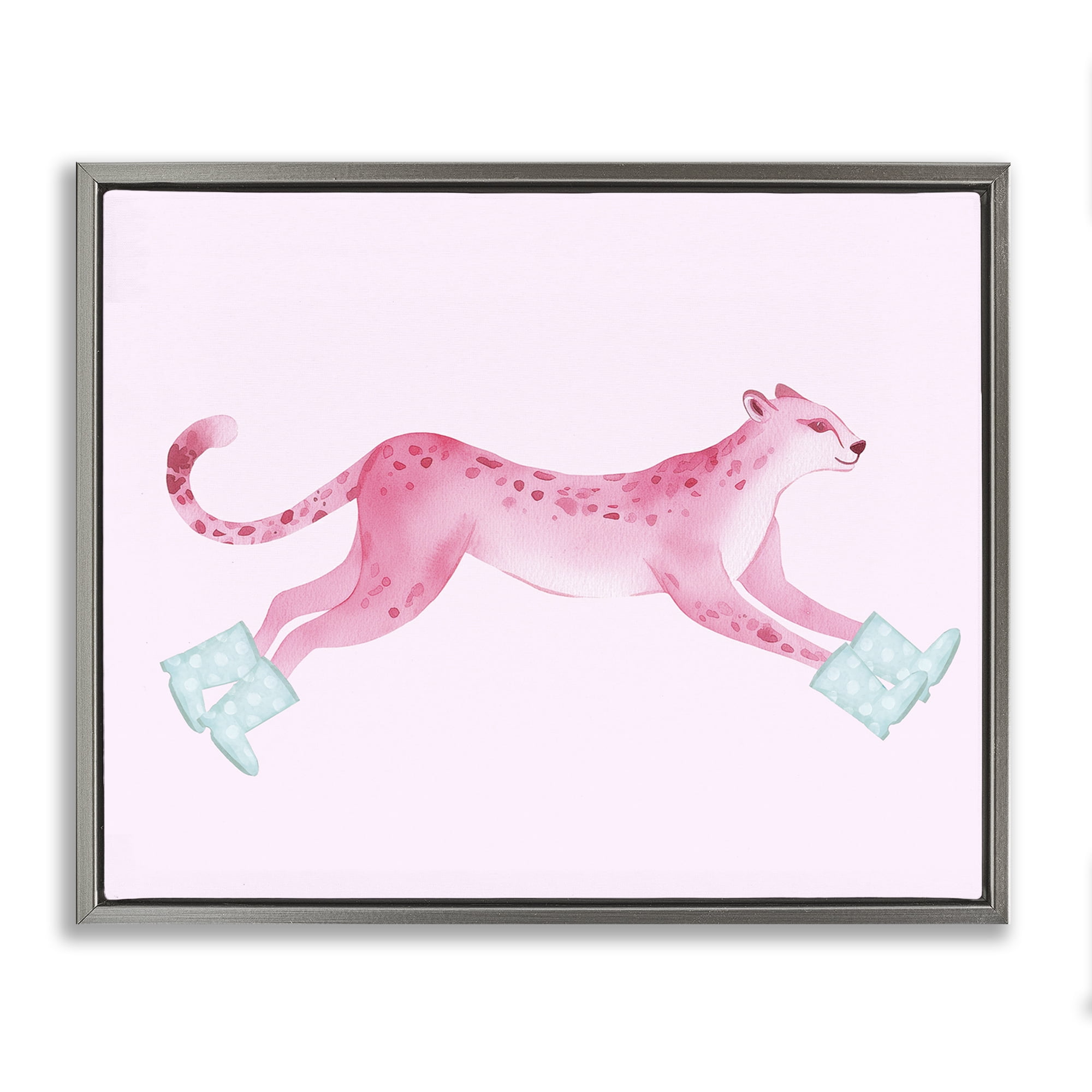 Stupell Industries Running Leopard in Boots Animals Painting Gray Floater Framed Canvas Art Print Wall Art, 21 x 17