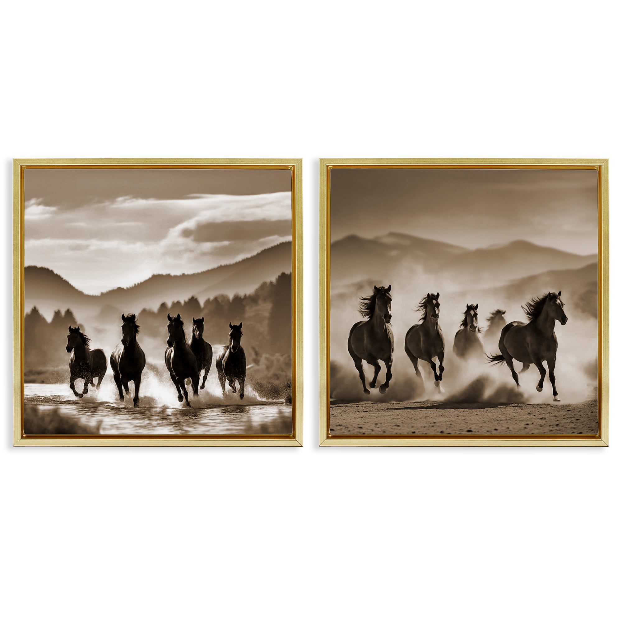 Stupell Industries Running Mountain Stallions Landscape & Nature Photography Gold Floater Framed Canvas Art Print Wall Art, 18 x 18, Set of 2