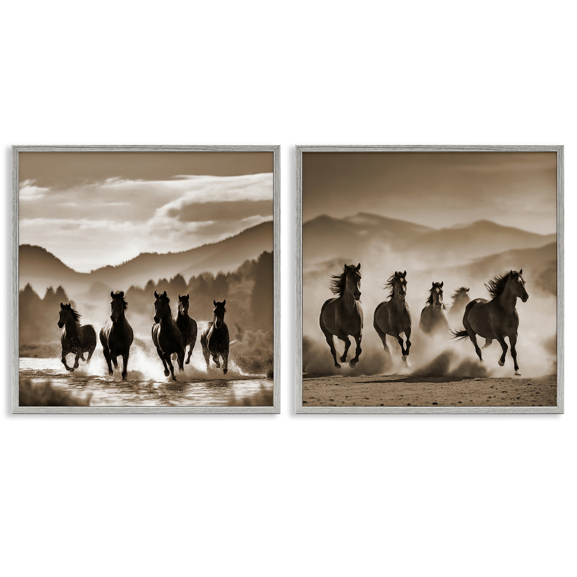 Stupell Industries Running Mountain Stallions Landscape & Nature Photography Gray Framed Art Print Wall Art, 17 x 17, Set of 2