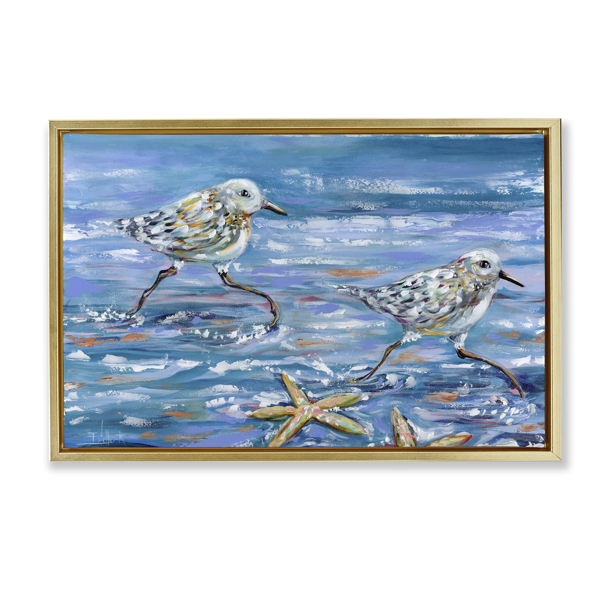 Stupell Industries Running Sea Sandpipers Coastal Painting Gold Floater Framed Canvas Art Print Wall Art, 25 x 17