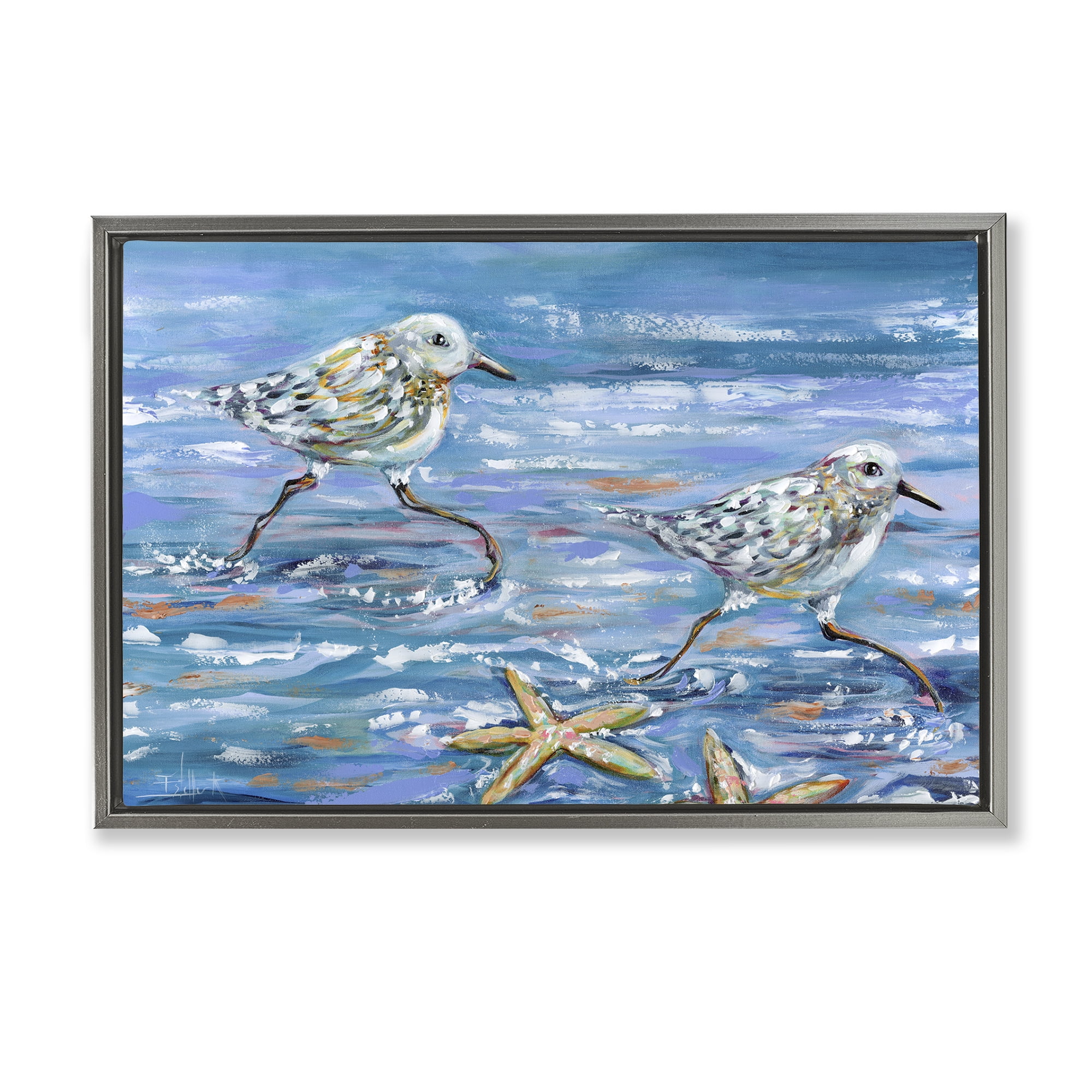 Stupell Industries Running Sea Sandpipers Coastal Painting Gray Floater Framed Canvas Art Print Wall Art, 31 x 21