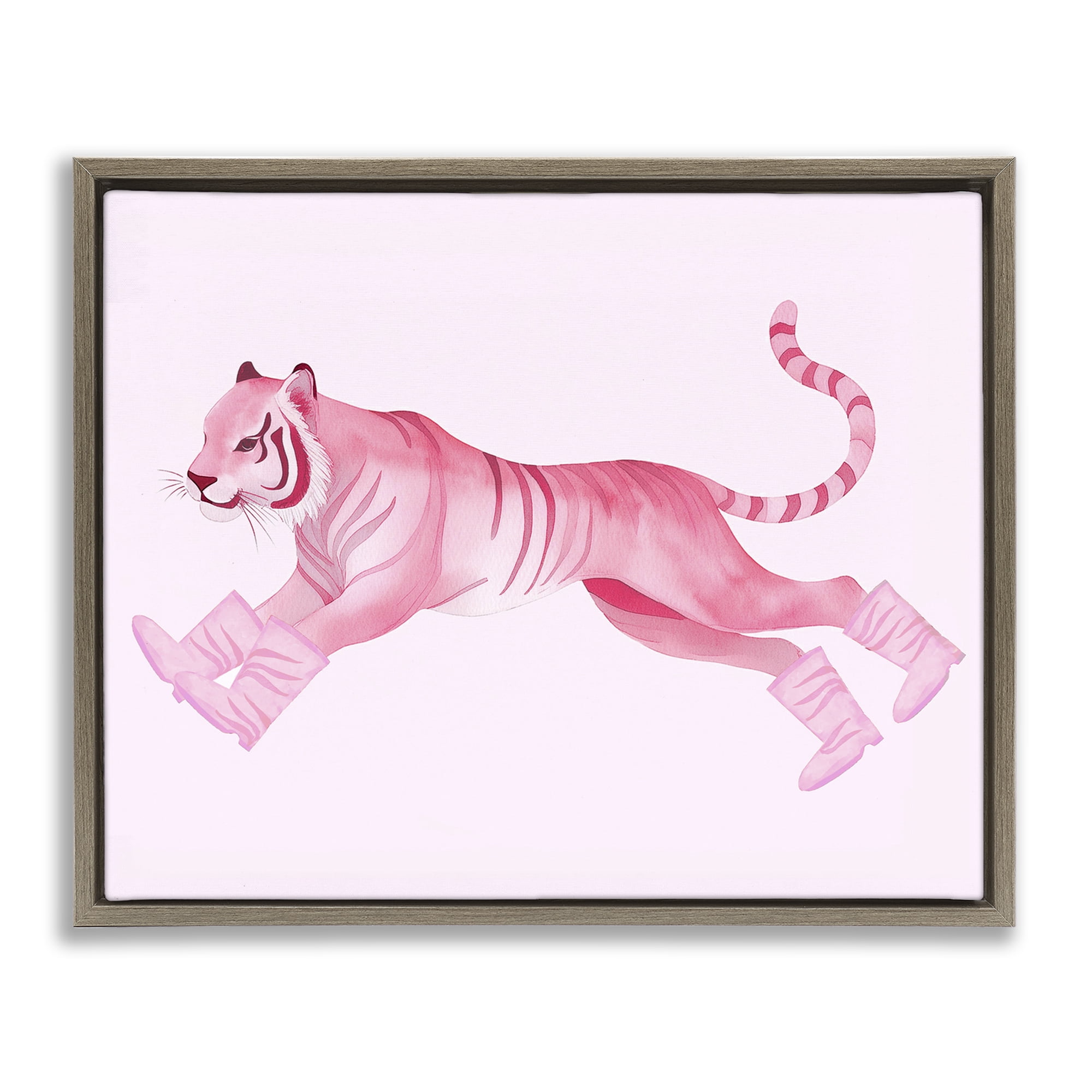 Stupell Industries Running Tiger in Boots Animals Painting Brown Floater Framed Canvas Art Print Wall Art, 21 x 17
