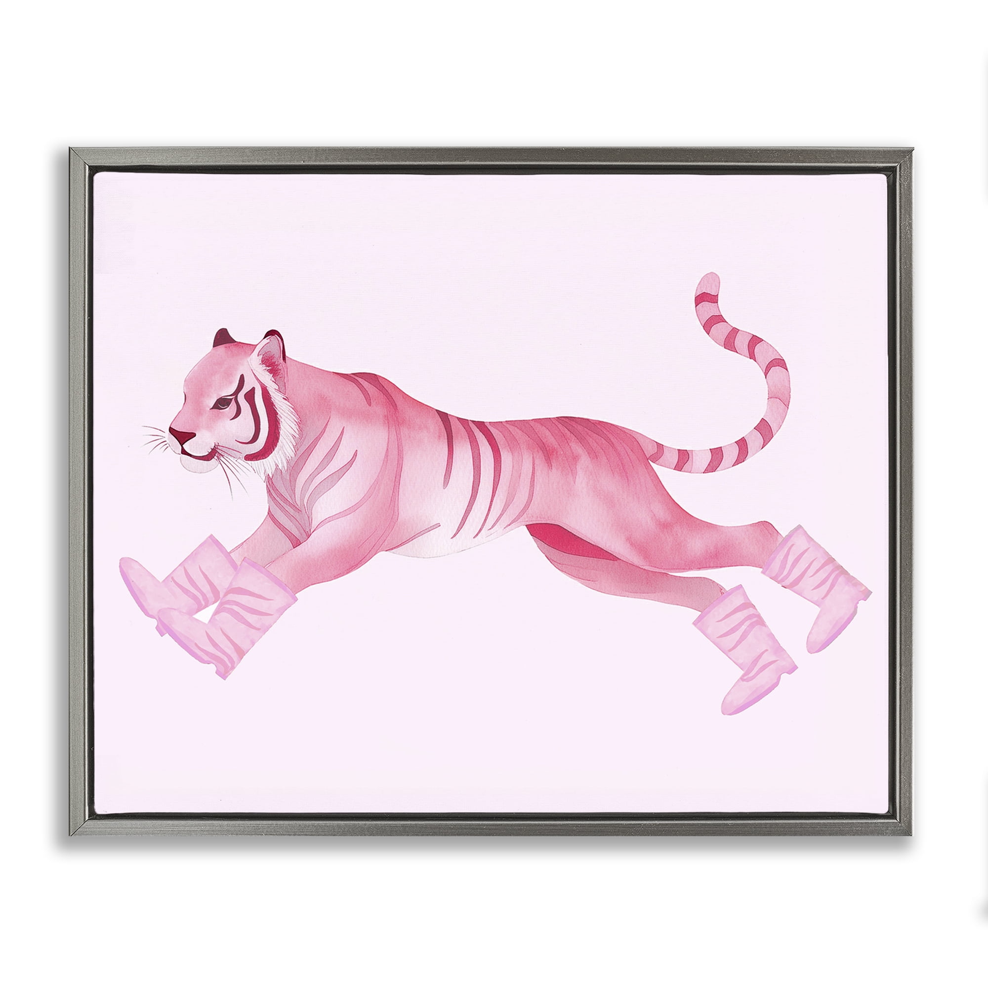 Stupell Industries Running Tiger in Boots Animals Painting Gray Floater Framed Canvas Art Print Wall Art, 21 x 17