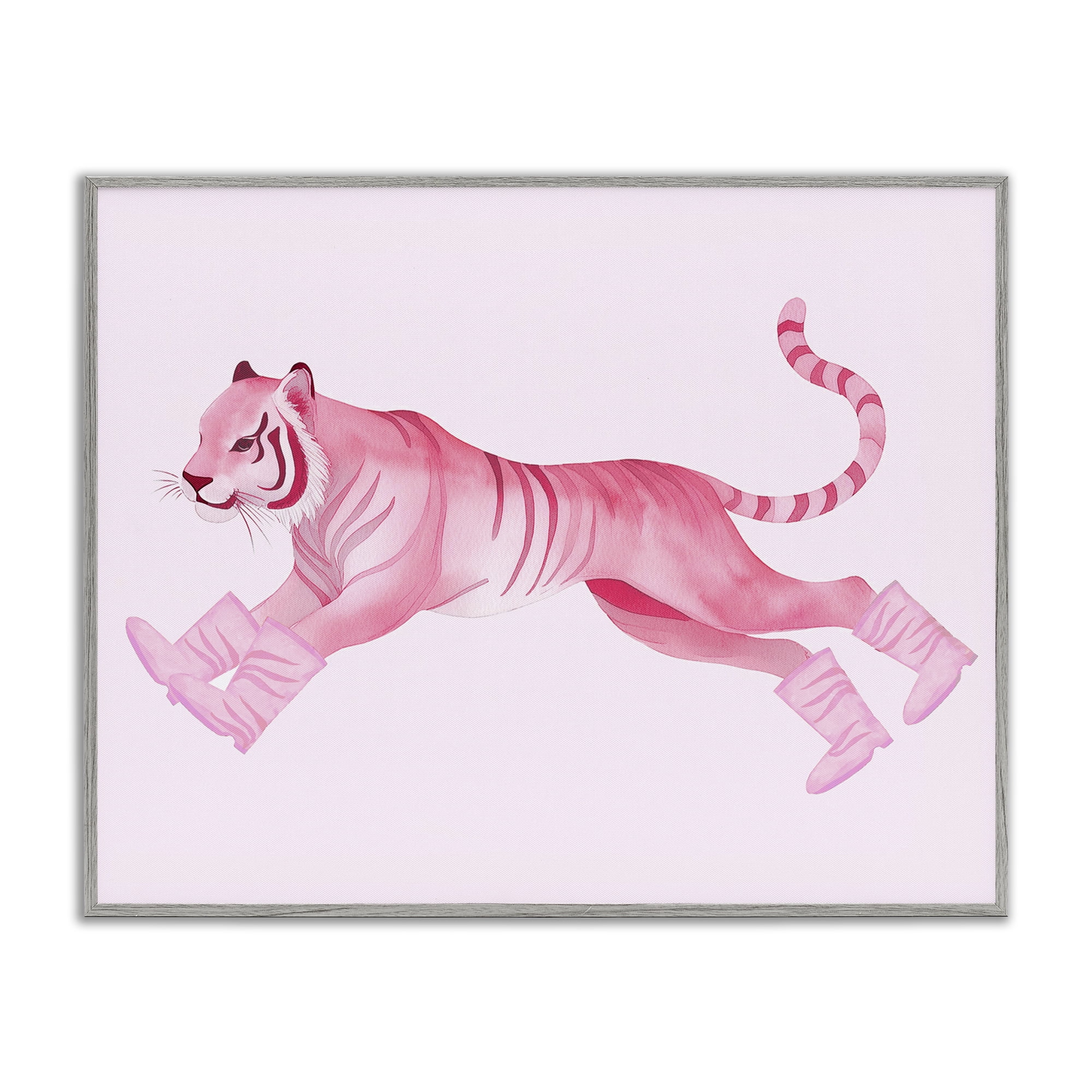 Stupell Industries Running Tiger in Boots Animals Painting Gray Framed Art Print Wall Art, 14 x 11