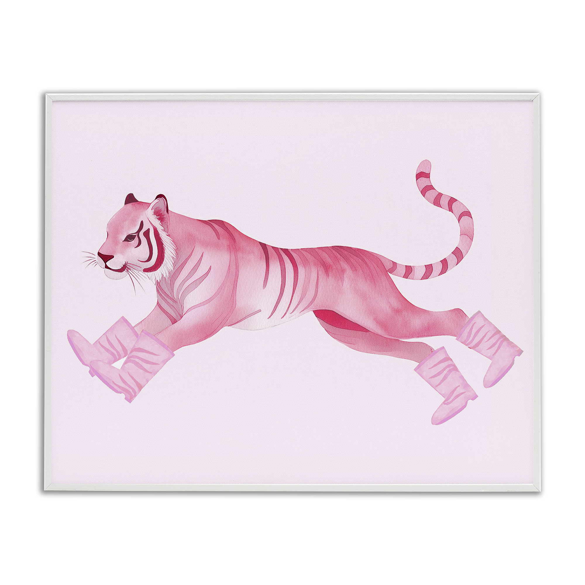 Stupell Industries Running Tiger in Boots Animals Painting White Framed Art Print Wall Art, 30 x 24