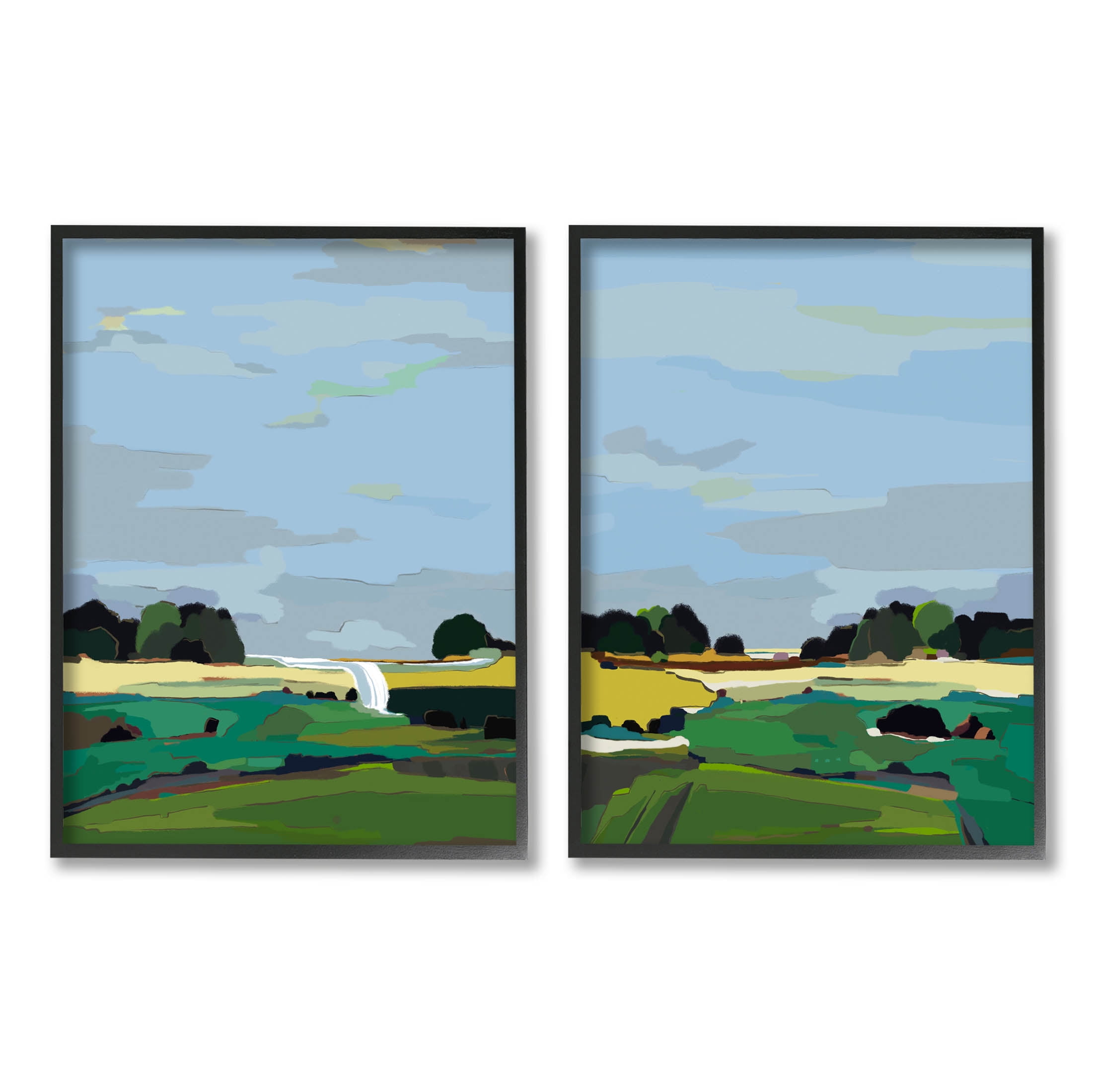 Stupell Industries Rural Abstract Grassland Landscape Painting Black Framed Art Print Wall Art, Set of 2, Design by Nikita Jariwala