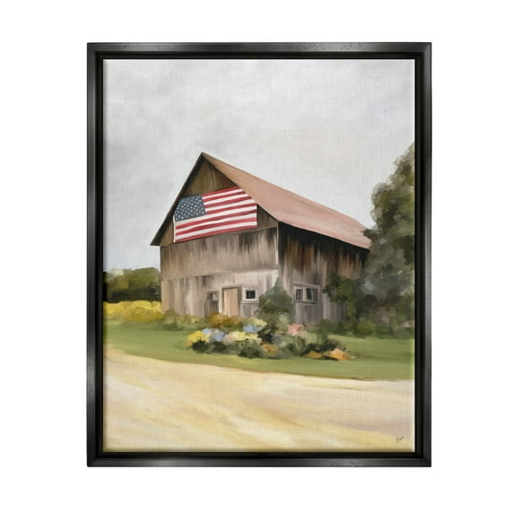 Stupell Industries Rural Americana Home Countryside Farm Flag Painting Painting Jet Black Floating Framed Canvas Print Wall Art, Design by Amy Hall