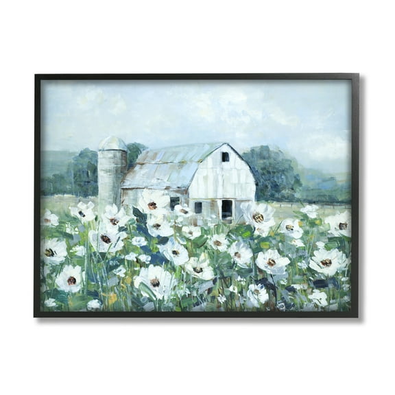 Stupell Industries Rural Anemone Flower Meadow White Farmland Barn Painting Black Framed Art Print Wall Art, Design by Sally Swatland
