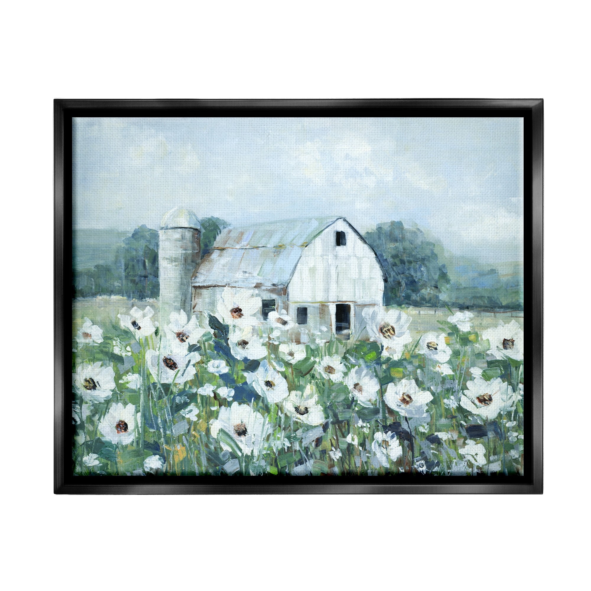 Stupell Industries Rural Anemone Flower Meadow White Farmland Barn Painting Jet Black Floating Framed Canvas Print Wall Art, Design by Sally Swatland