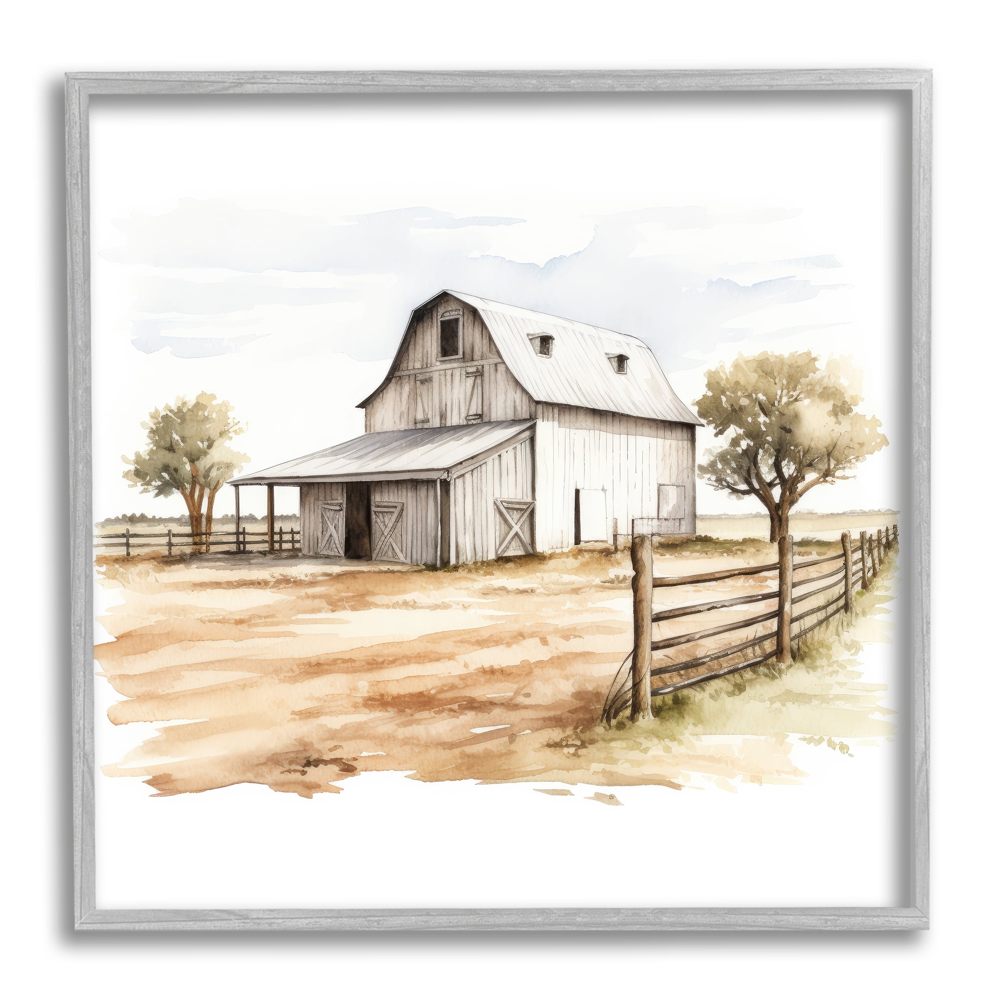 Stupell Industries Rural Barn Painting Landscape Painting Gray Framed Art Print Wall Art, 12 x 12