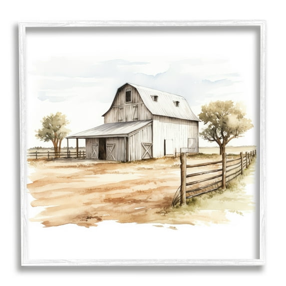 Stupell Industries Rural Barn Painting Landscape Painting White Framed Art Print Wall Art, 17 x 17