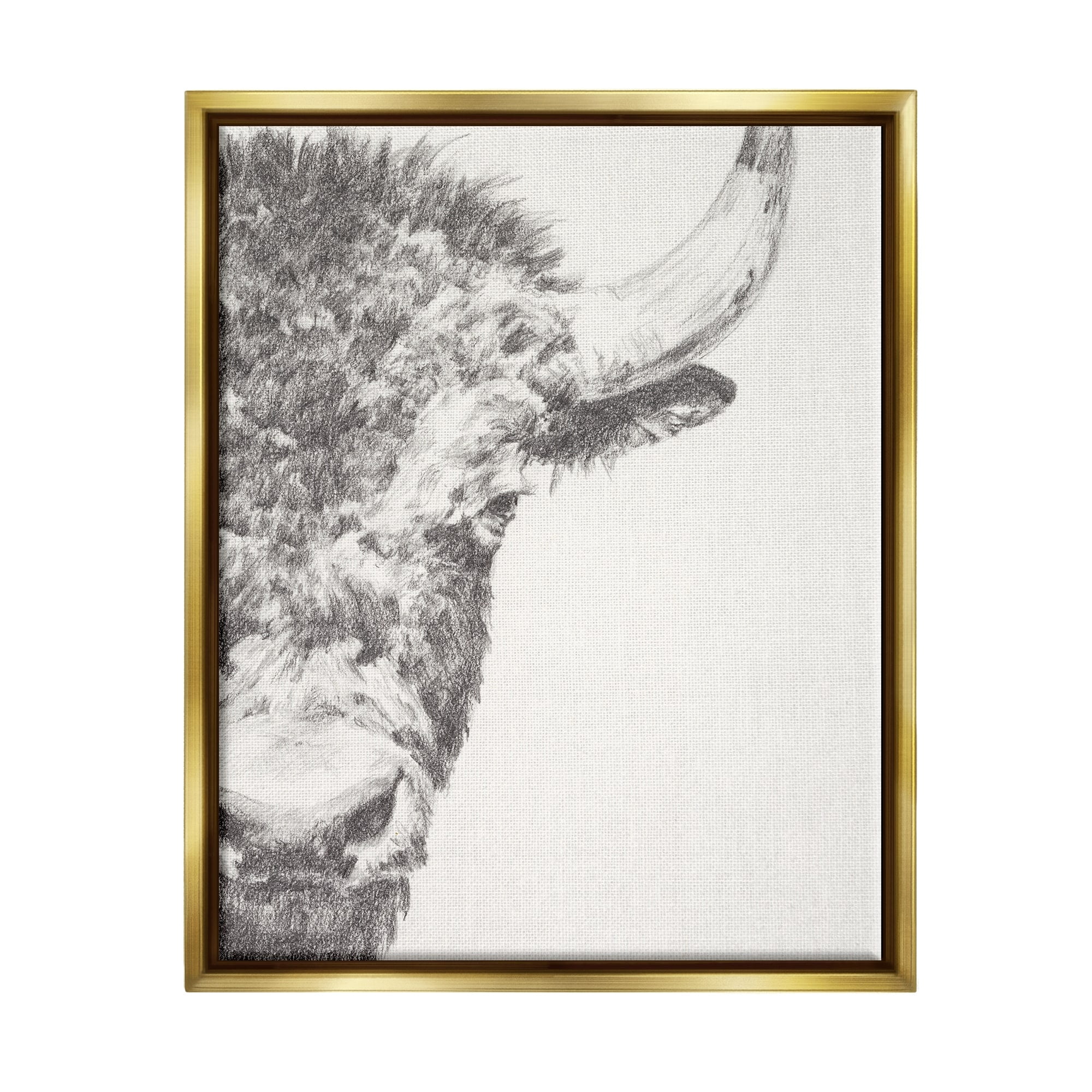 Stupell Industries Rural Bison Animal Drawing Detailed Graphite Wildlife Drawing Print Metallic Gold Floating Framed Canvas Print Wall Art, Design by Ethan Harper