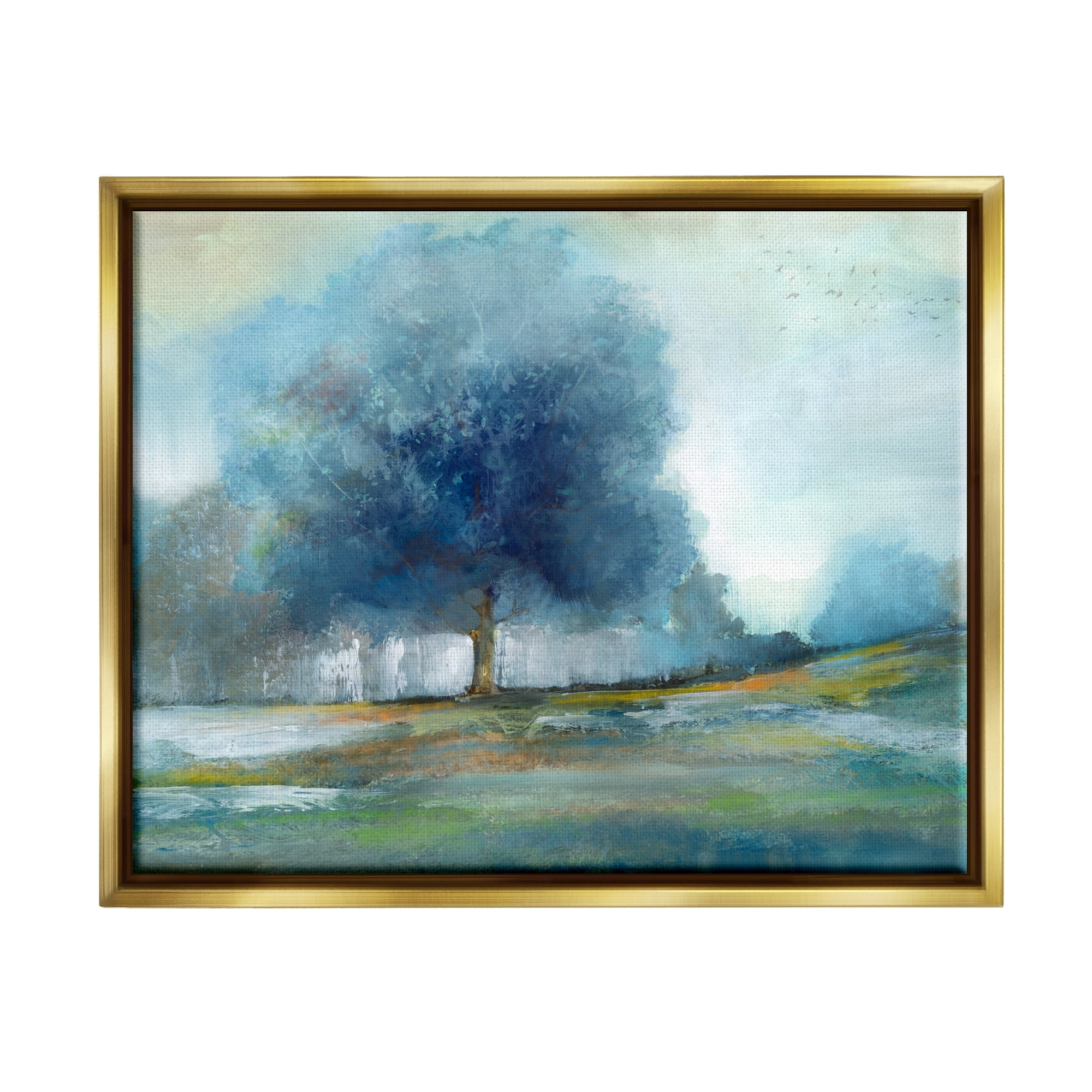Stupell Industries Rural Blue Tree Abstract Painting Landscape Painting Gold Floater Framed Art Print Wall Art