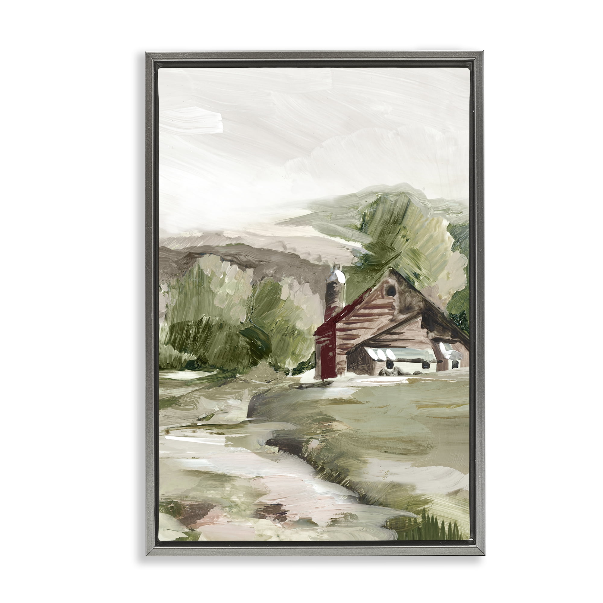 Stupell Industries Rural Cabin Farmland Landscape & Nature Painting Gray Floater Framed Canvas Art Print Wall Art, 17 x 25