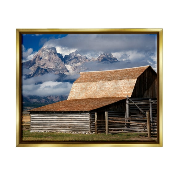Stupell Industries Rural Cabin Foggy Mountain Peaks Landscape Photography Gold Floater Framed Art Print Wall Art